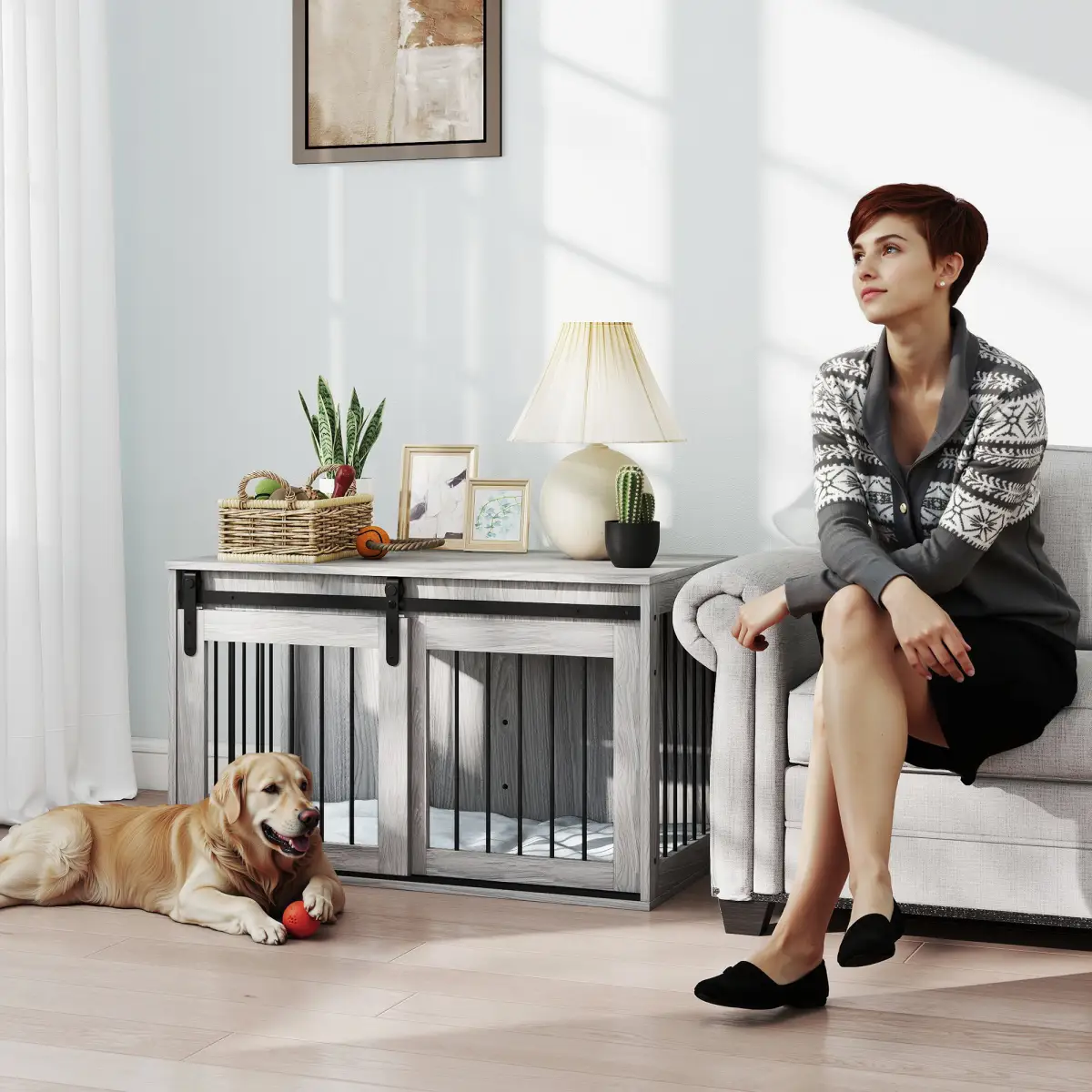 PawHut PawHut Dog Crate Furniture with Removable Cushion for Large Dogs - Grey - Dog Crate