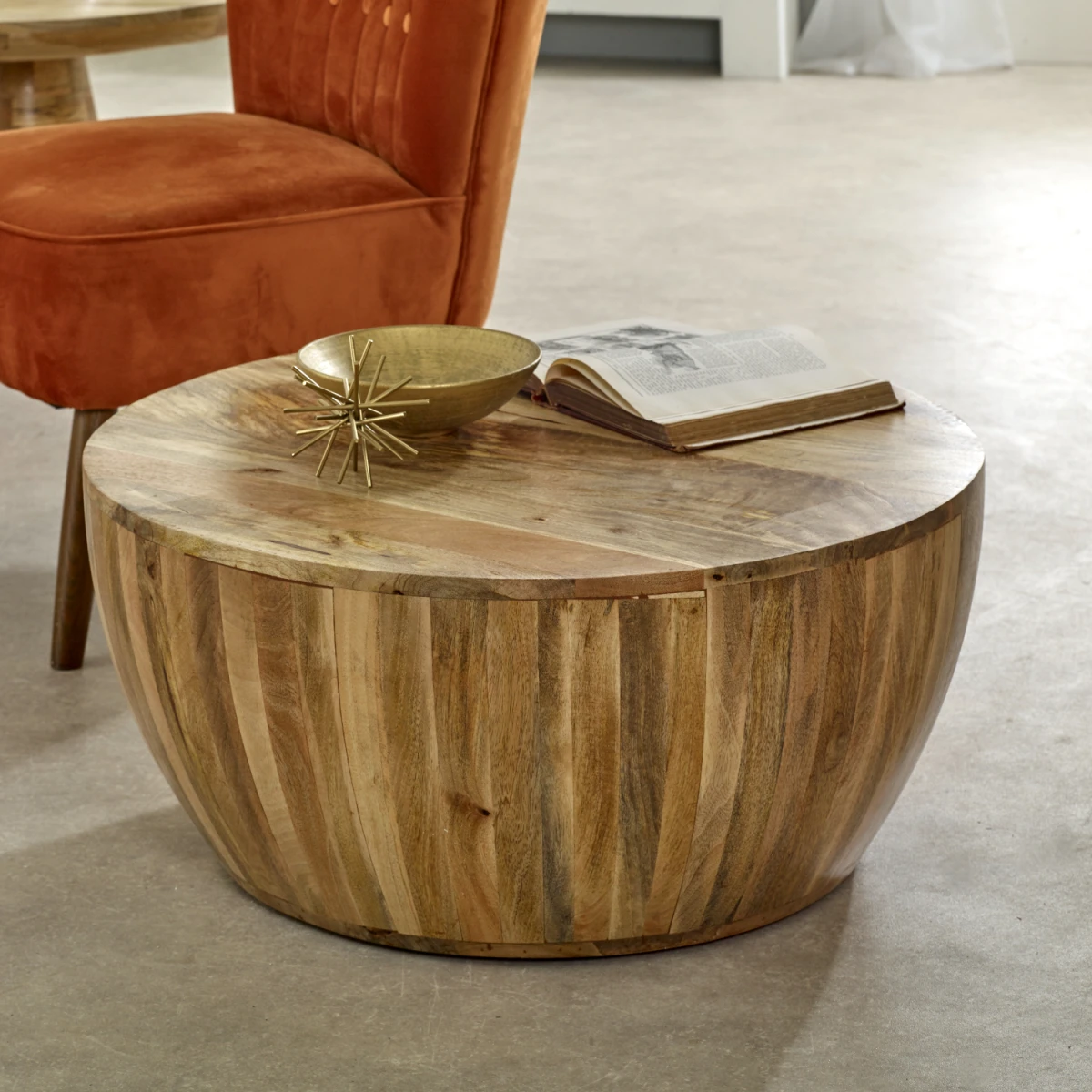 Surrey Drum Coffee Table Round Diameter 40cm Solid Mango Wood Handcrafted Eco Friendly Living Room Decor by Indian Hub