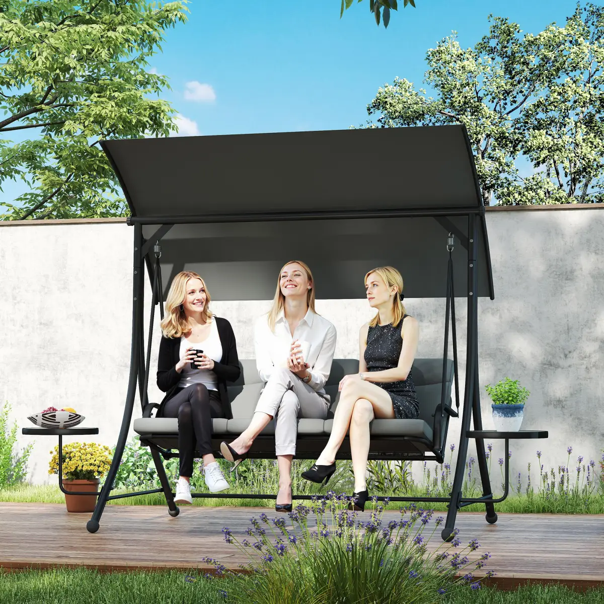 Outsunny Outsunny 3 Seat Garden Swing Chair Steel w/ Adjustable Canopy and Coffee Tables - Hammocks