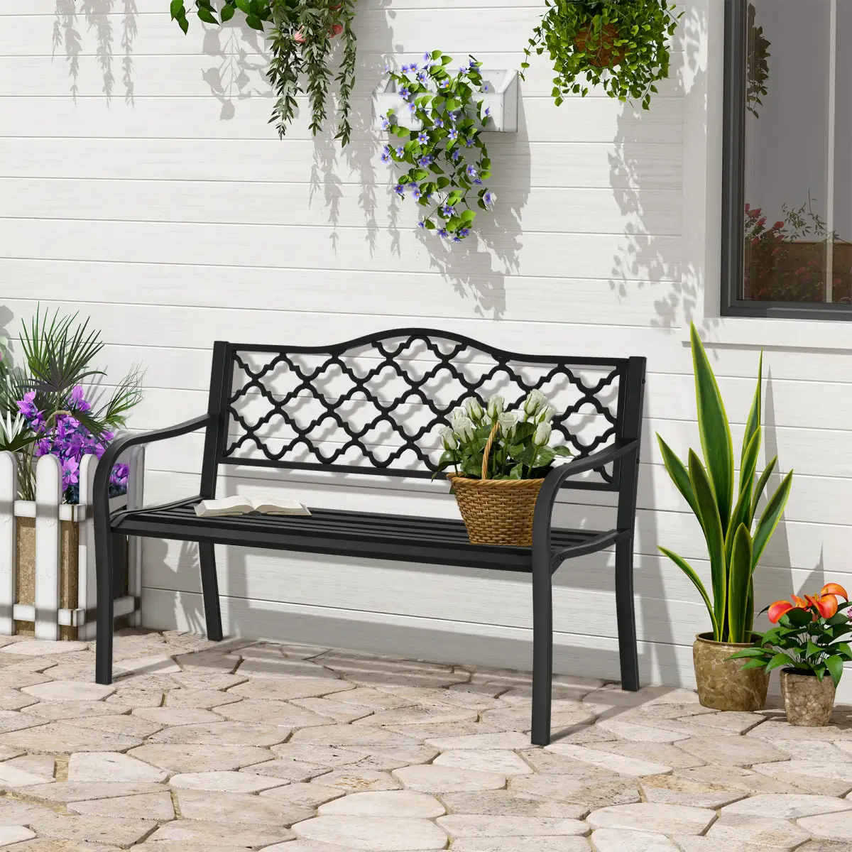 Outsunny 2-Seater Outdoor Garden Bench Antique Steel Armrest, - Garden Chairs