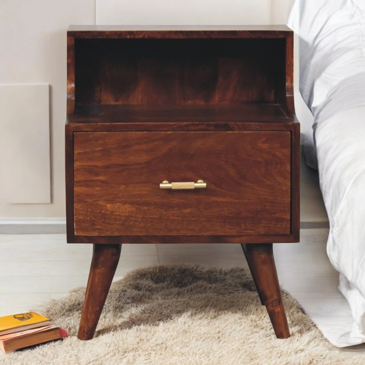 Artisan Solid Wood Bedside Table 18x14x24 Raised Back Shelf T Bar Drawer Mango Chestnut For Bedroom by Artisan Furniture