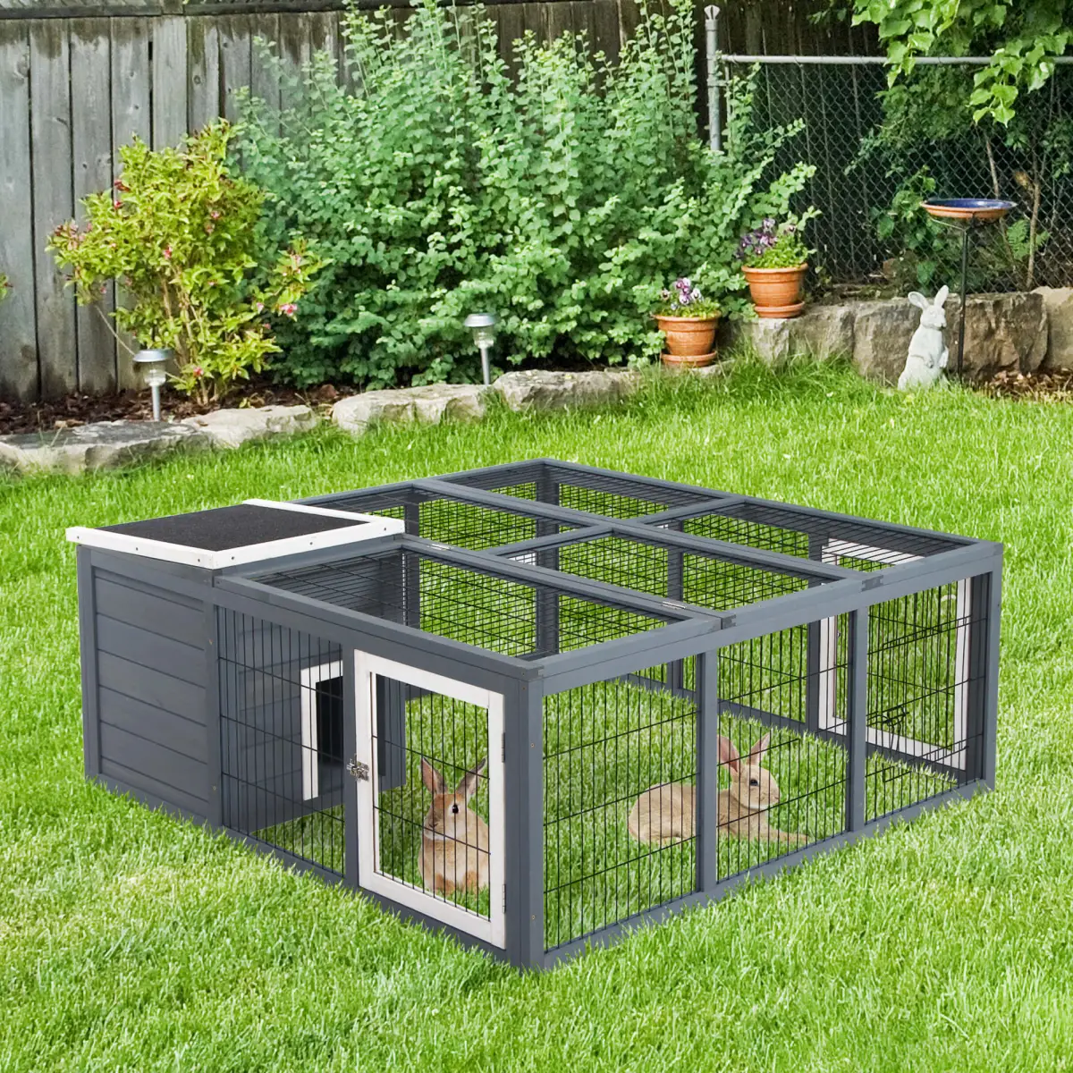 Pawhut Rabbit Run Small Animal Hutch Guinea Pig House with Openable Main House & Roof - Rabbit Hutch