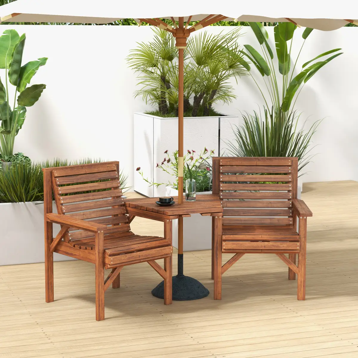 Outsunny Outsunny Wooden Garden Love Seat with Coffee Table Partner Bench Tan Brown - Garden Chairs