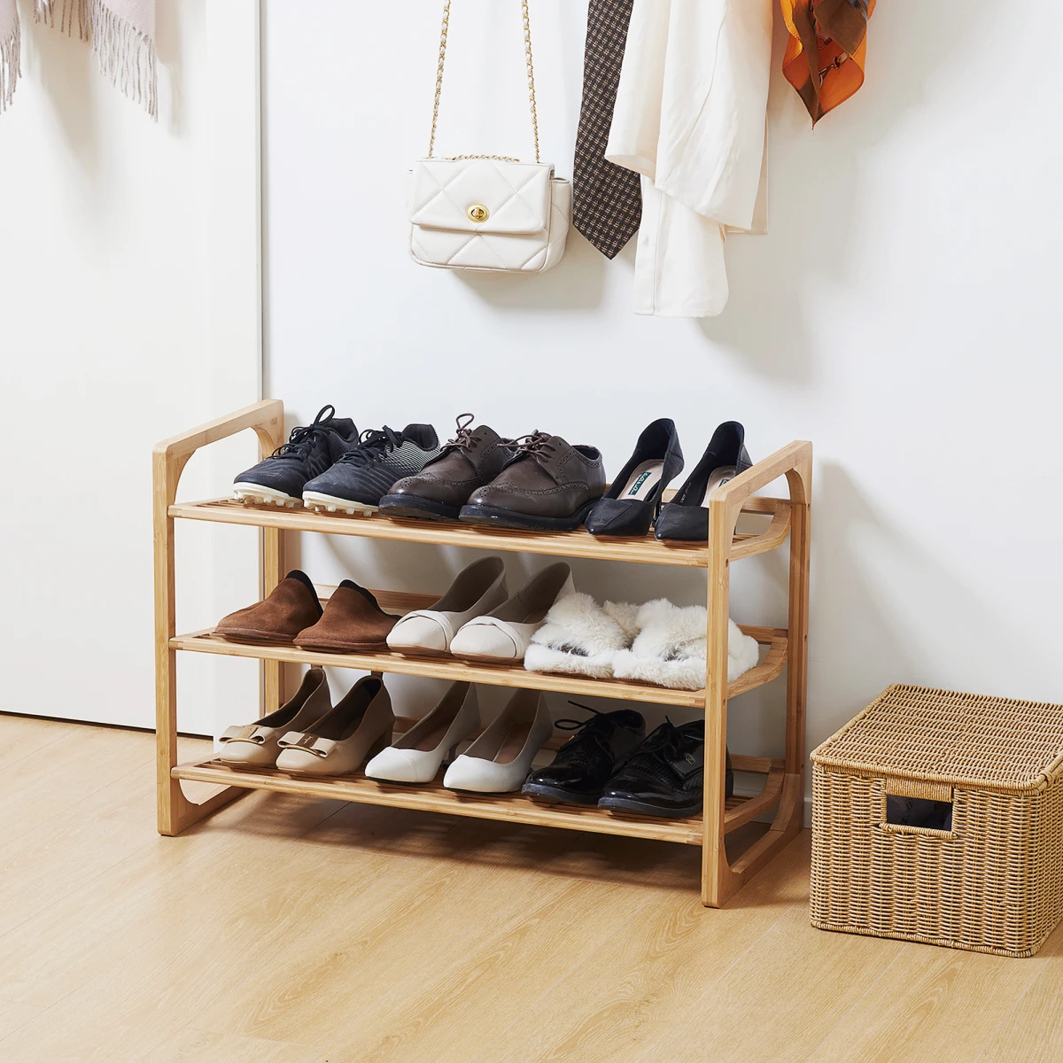 Bamboo Shoe Rack, 3-tier Shoe Storage Shelf for 9 Pair Shoes for Entryway by HOMCOM