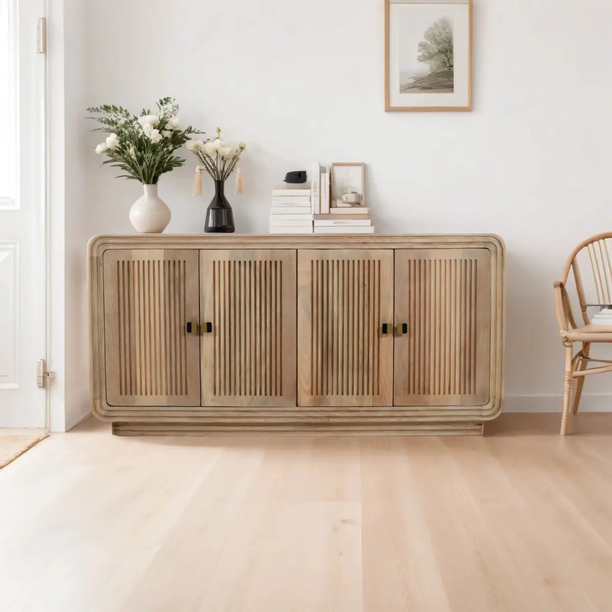 Indian Hub Hudson Carved Mango Wood 4 Doors Large Sideboard - Sideboard