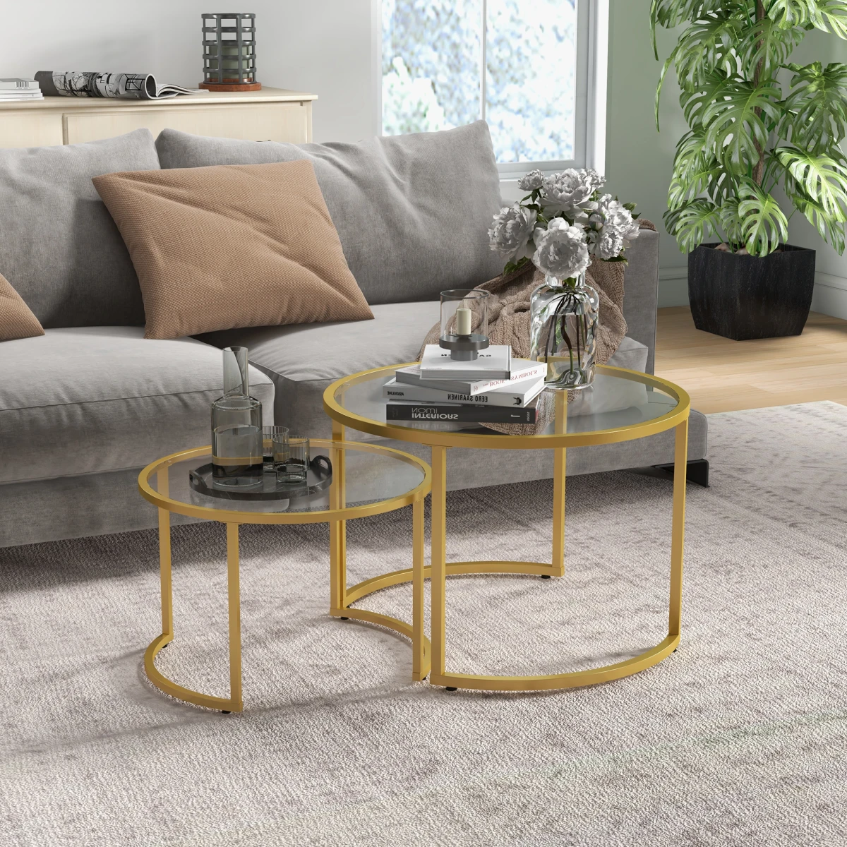 HOMCOM Nesting Tables GlassTop TwoSize LivingRoom - Nest of Tables