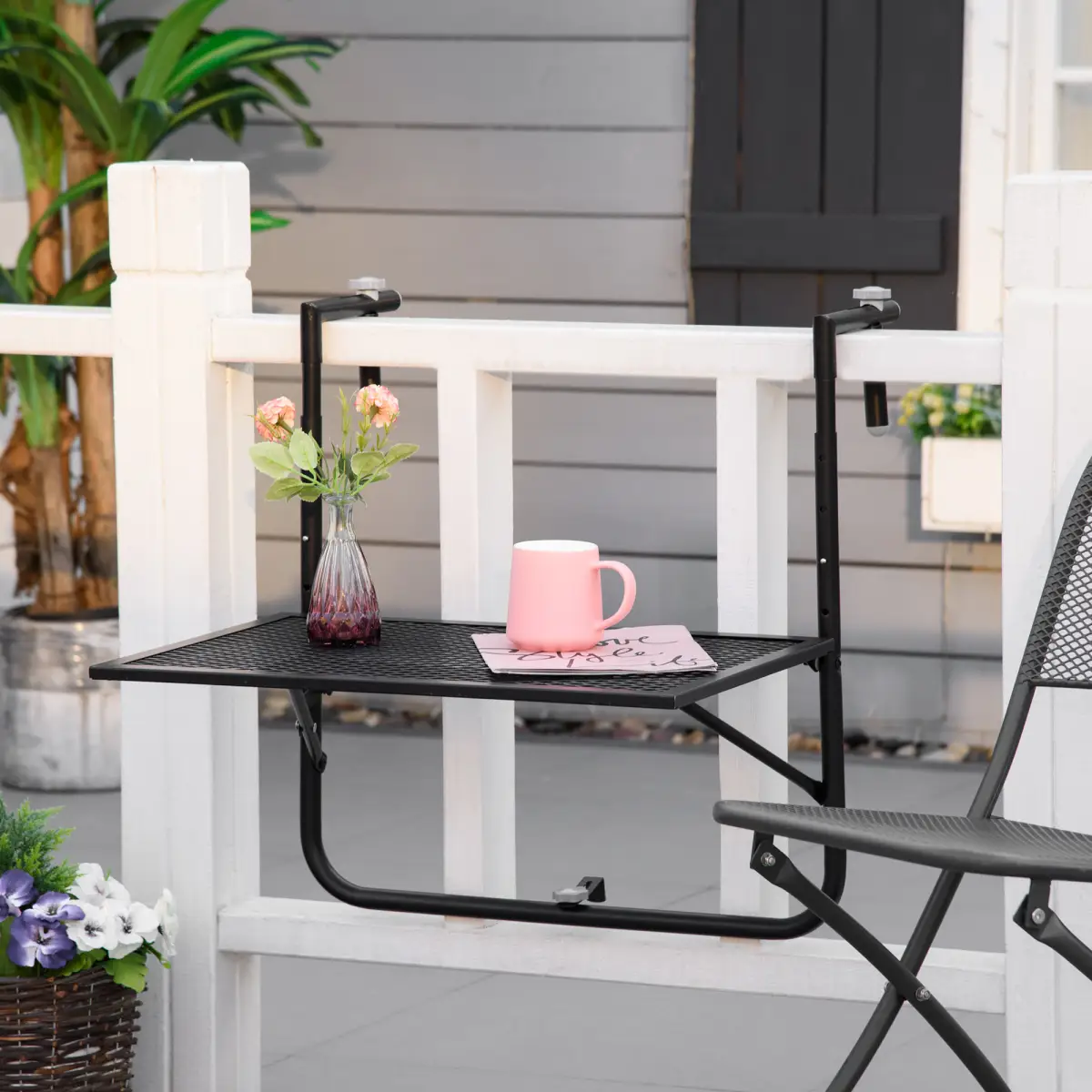 Outsunny Balcony Hanging Table, Metal Wall Mount Desk, Adjust Black - Desk