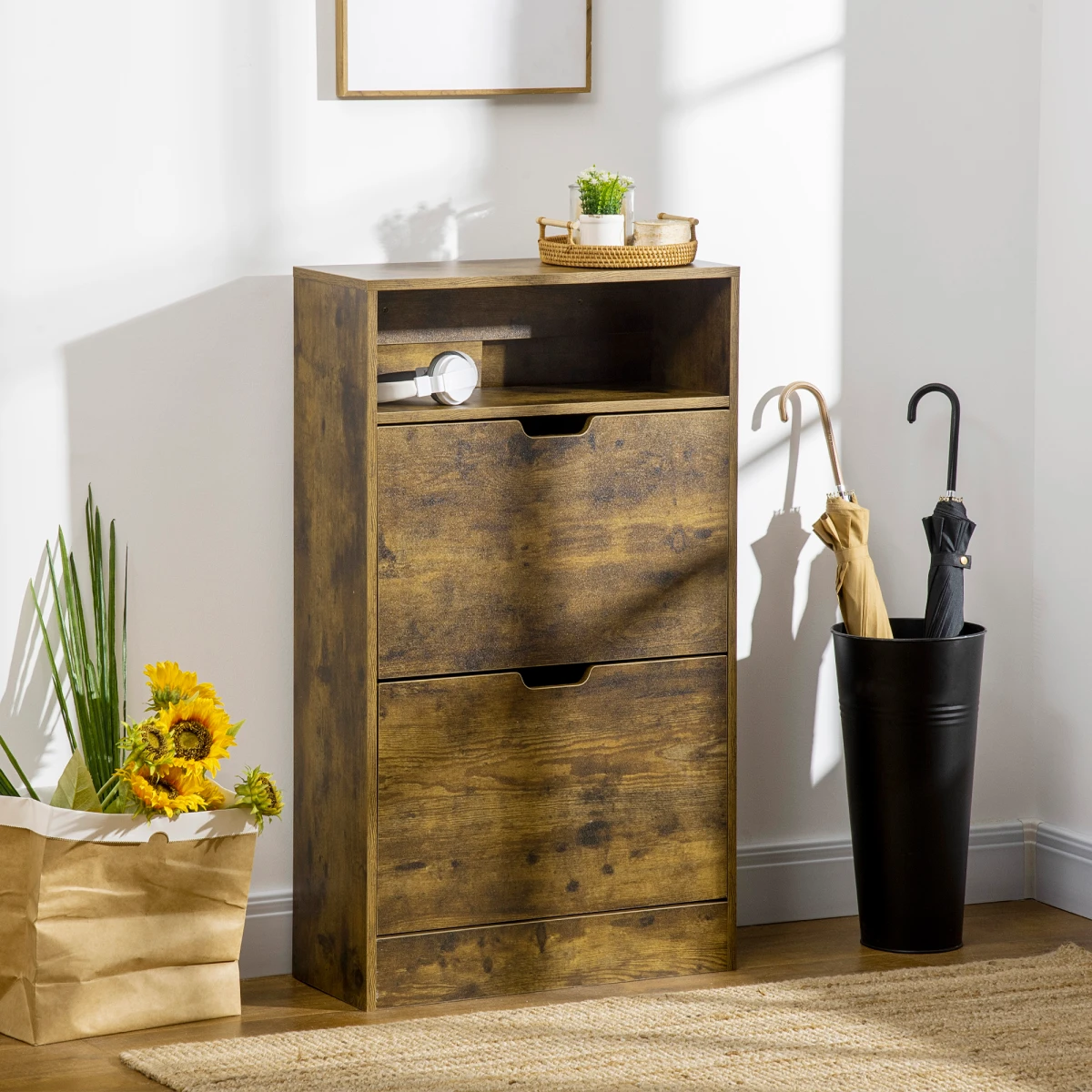 Unbranded HOMCOM Rustic Shoe Cabinet 2 Flip Doors Adjustable Divider Open Shelf Hallway Organizer - Shoe Storage