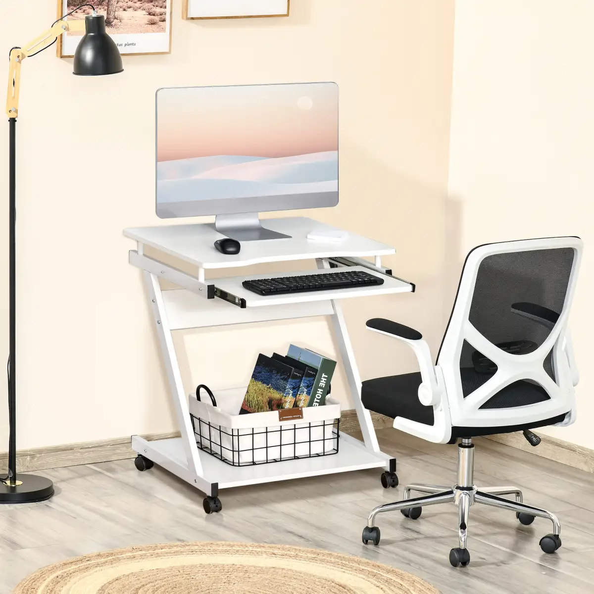 HOMCOM Computer Desk with 4 Moving Wheels Sliding Keyboard Tray White - Desk