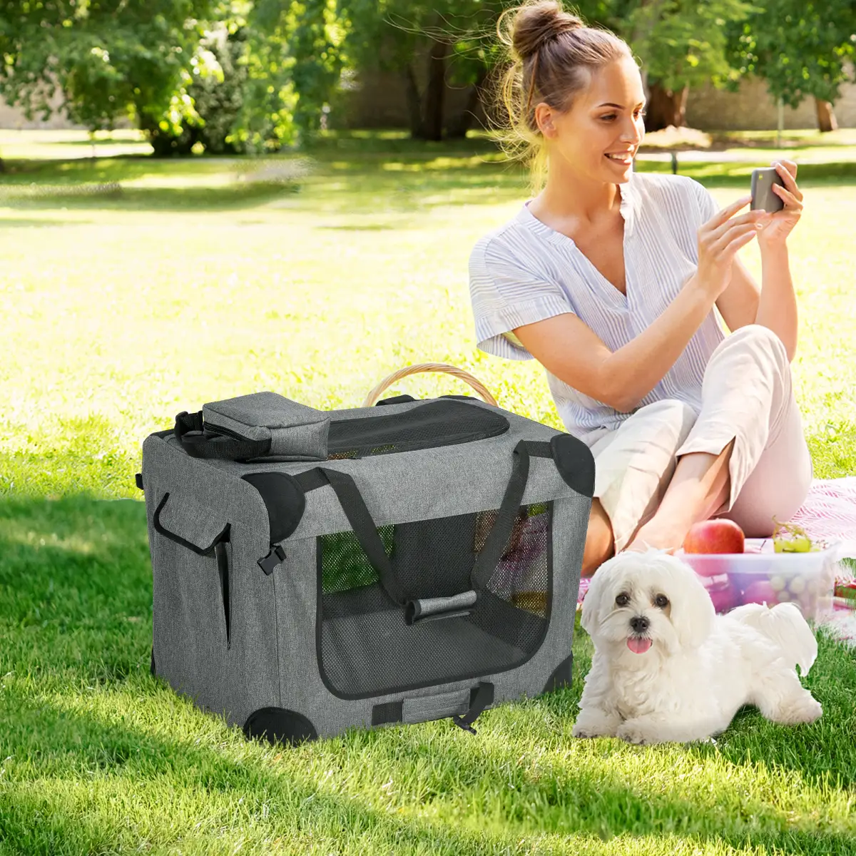 PawHut PawHut Folding Pet Carrier Bag House W/ Cushion Storage, Grey 60x41.5x41cm - Pet Carrier