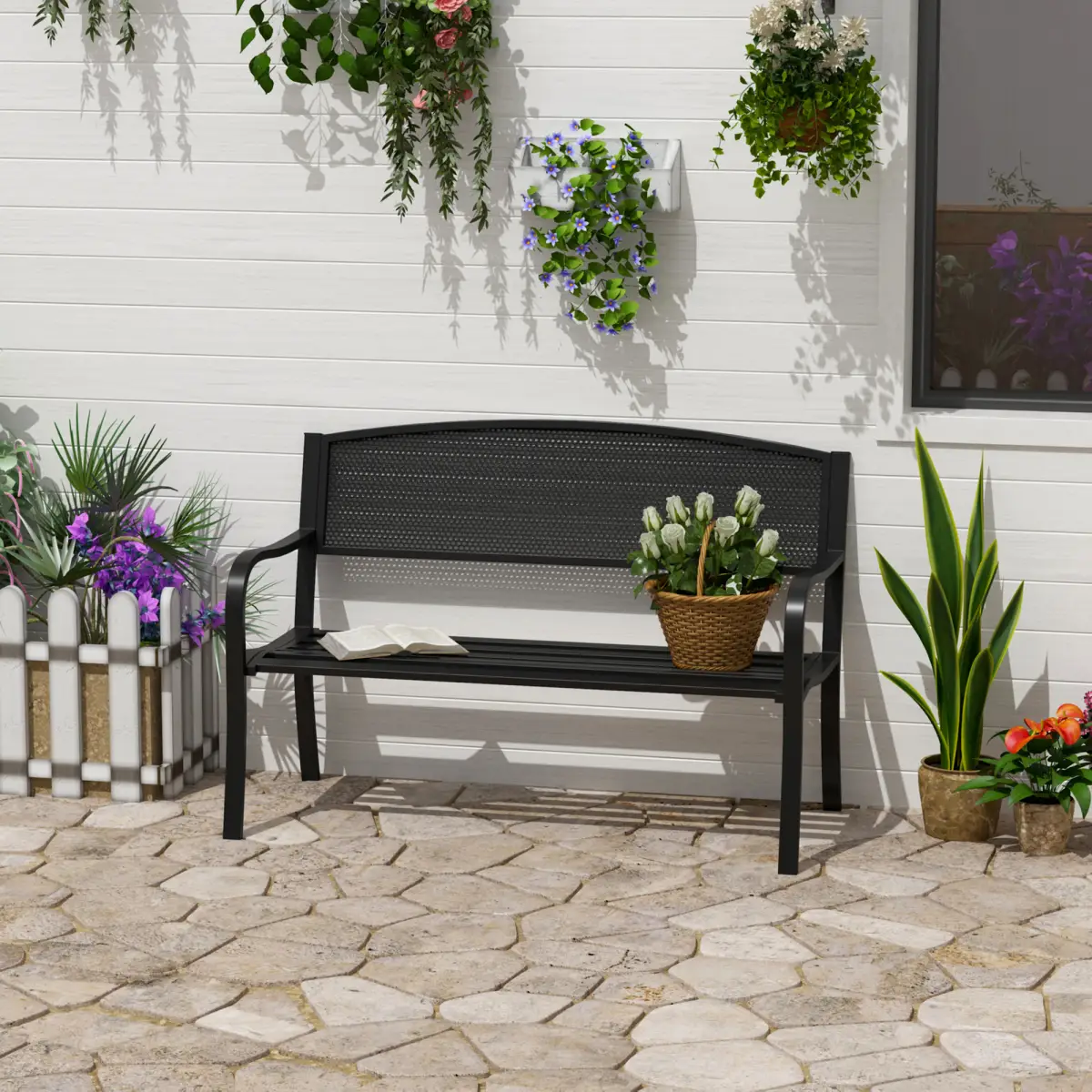 Outsunny 2 Person Garden Bench, Steel-Black - Garden Chairs
