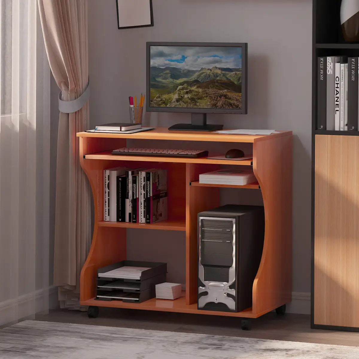 HOMCOM Computer Desk Laptop Writing Table Storage Shelf Workstation Wheels-Cherry Wood - Desk