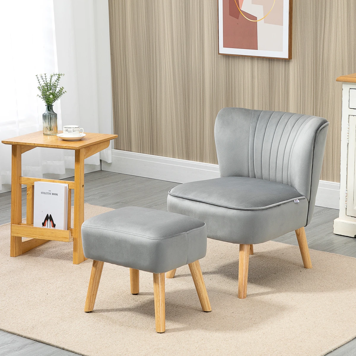 Velvet Feel Accent Chair Ottoman TubSeat Padding Wood Legs by HOMCOM