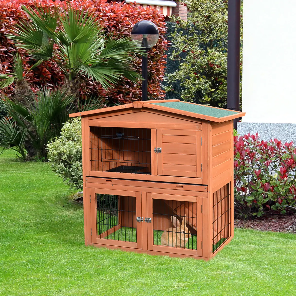 Pawhut A-Frame Wood Wooden Rabbit Hutch Small Animal House Pet Cage Chicken Coop - Rabbit Hutch