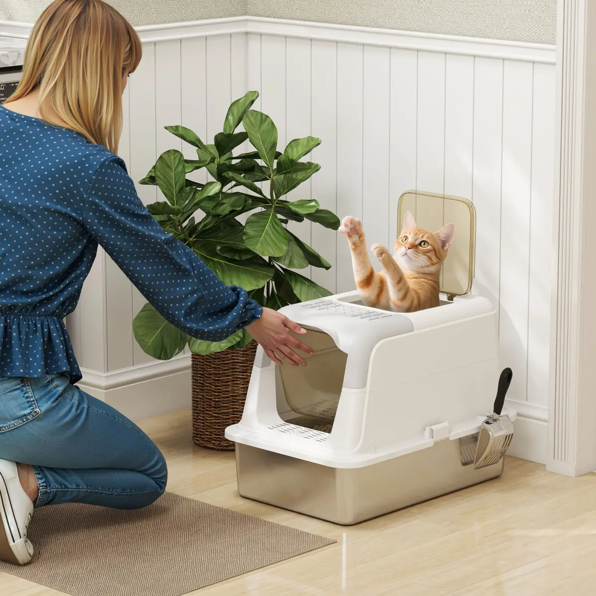 PawHut Stainless Steel Litter Box, Enclosed Metal Litter Tray with Scoop - Cat Litter