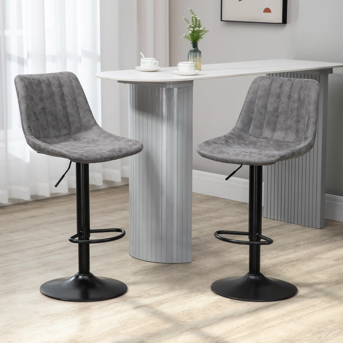 HOMCOM Set Of 2 Microfibre Retro Tub Bar Stools w/ Metal Frame Footrest Home Seat Grey -