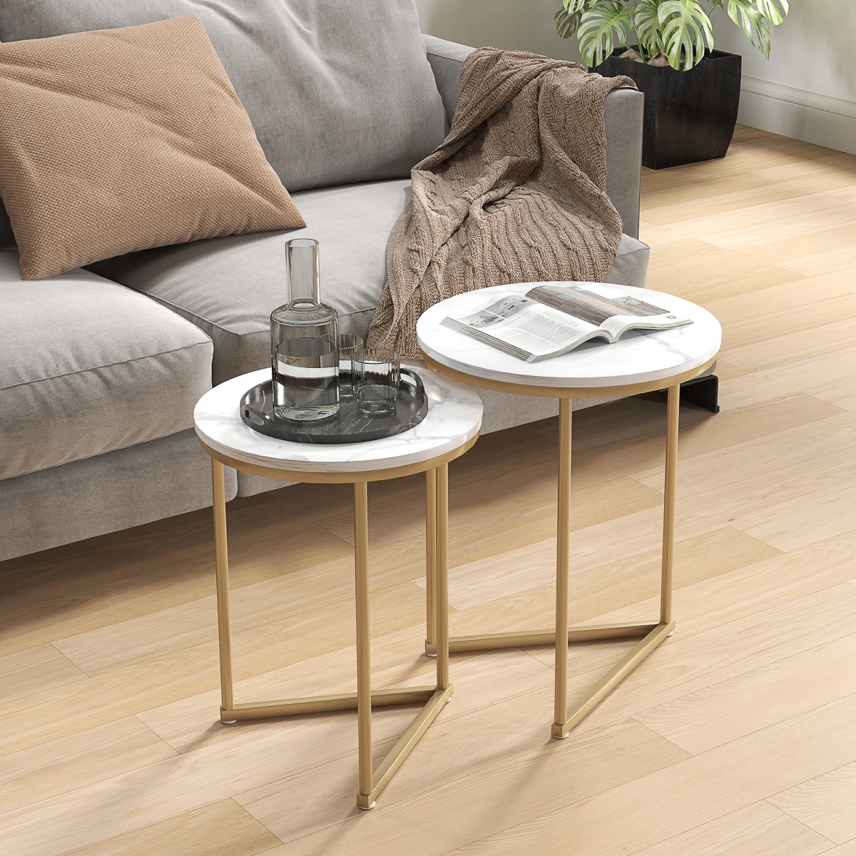 HOMCOM Nesting Coffee Tables Set of 2 With Marble Look Tops and Gold Frames for Modern Living Room - Coffee Table