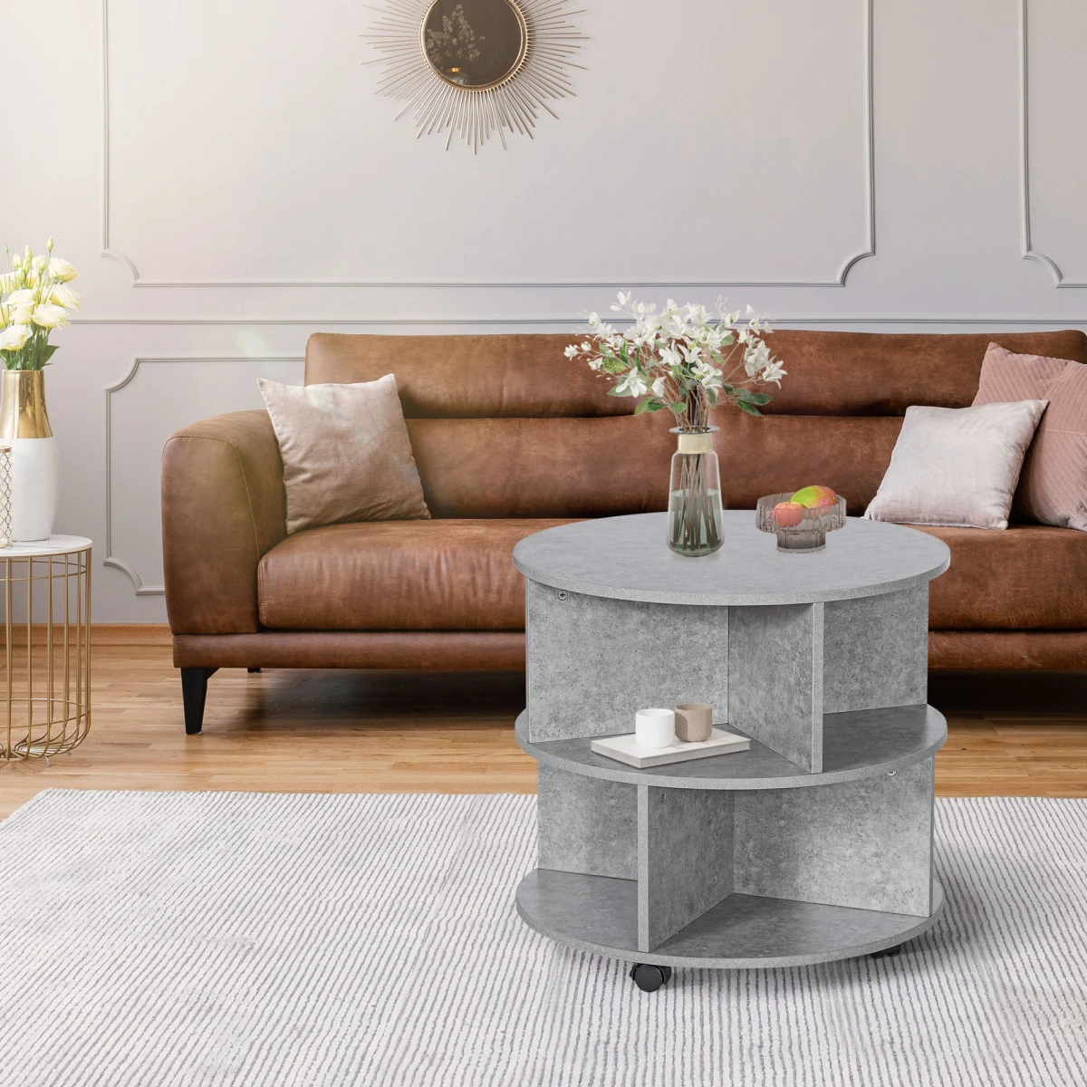 HOMCOM Concrete Finish Round Coffee Table 60x39.5cm Two Tier With Sector Shelves For Living Room - Coffee Table