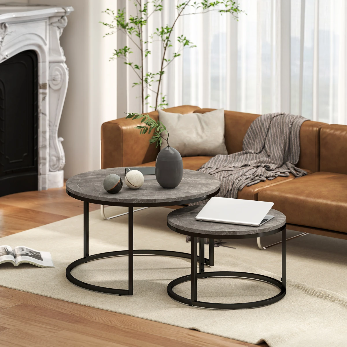 HOMCOM Two Piece Stacking Coffee Tables Set Large And Small Marble Effect MDF Tops Steel Frame With Foot Pads For Living Room by HOMCOM