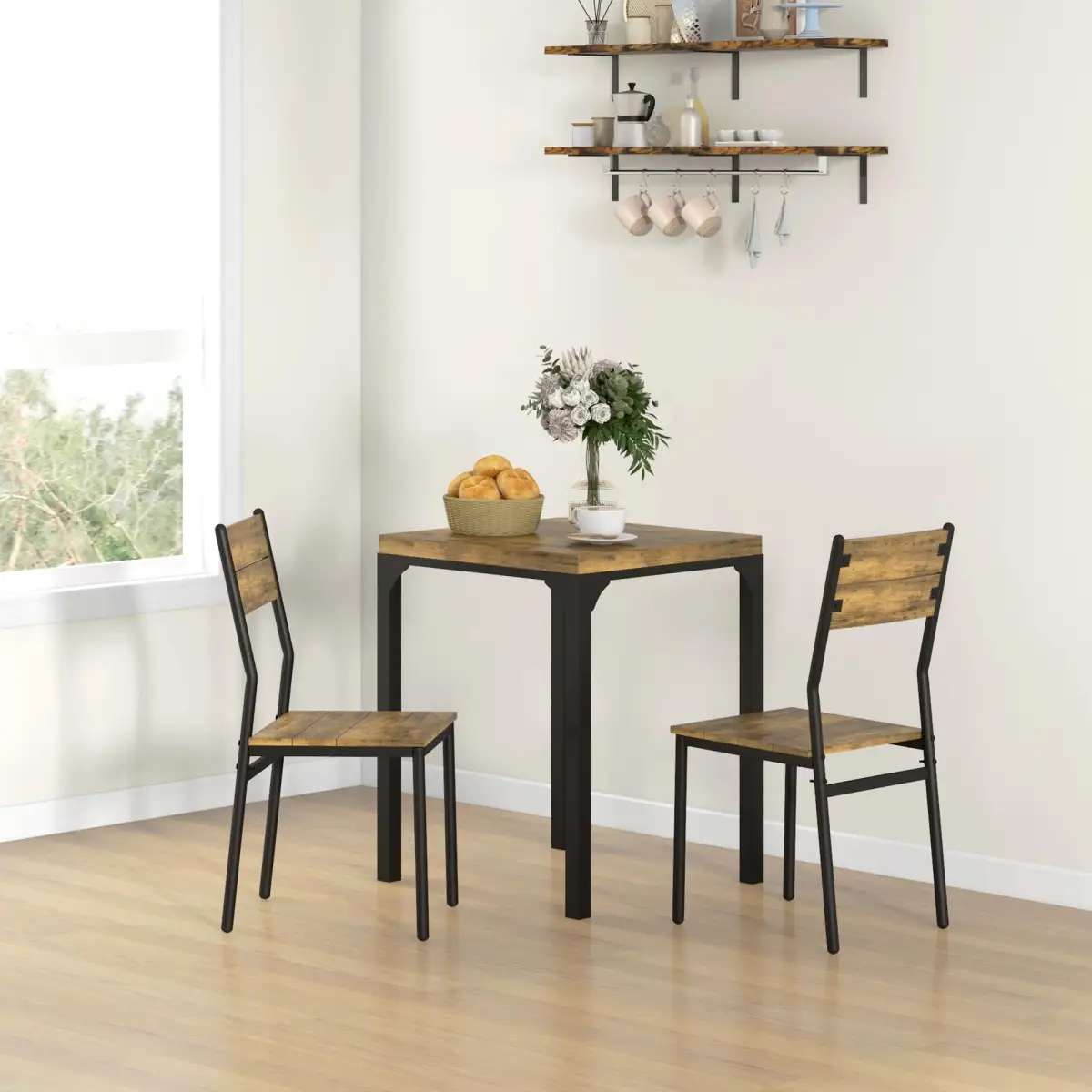 HOMCOM HOMCOM 3 Pcs Compact Dining Table 2 Chairs Set Rustic Brown - Dining Set