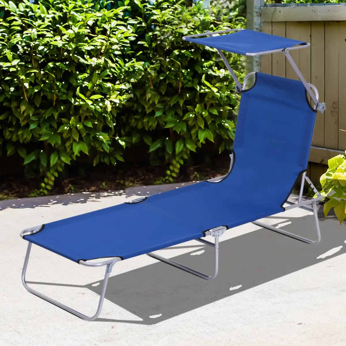 Outsunny Reclining Chair Folding Lounger Seat & Sun Shade Awning Beach, Blue - Folding Chairs