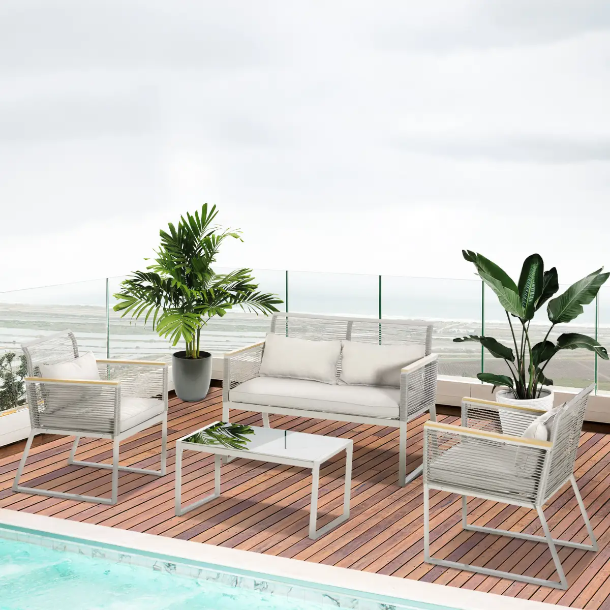 Outsunny 4-Seater Patio Wicker Sofa, Metal Frame PE Rattan Tempered Glass Table Grey - Garden Set