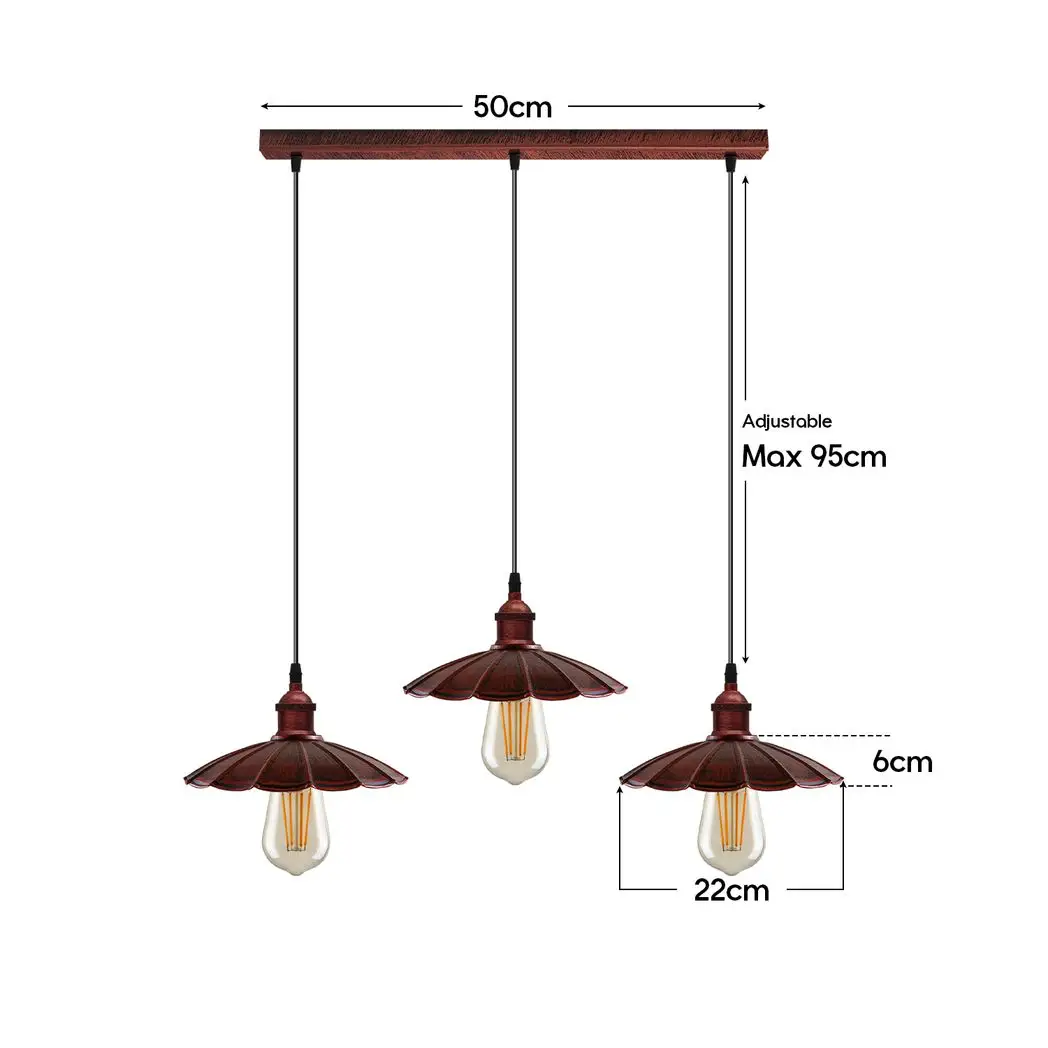 Un-branded Vintage Industrial Rustic Red 3 Head Reactangle Pendant Cord E27 Metal Brushed Light Fitting Umbrella Shape Lamp Shade - Pendant Lights