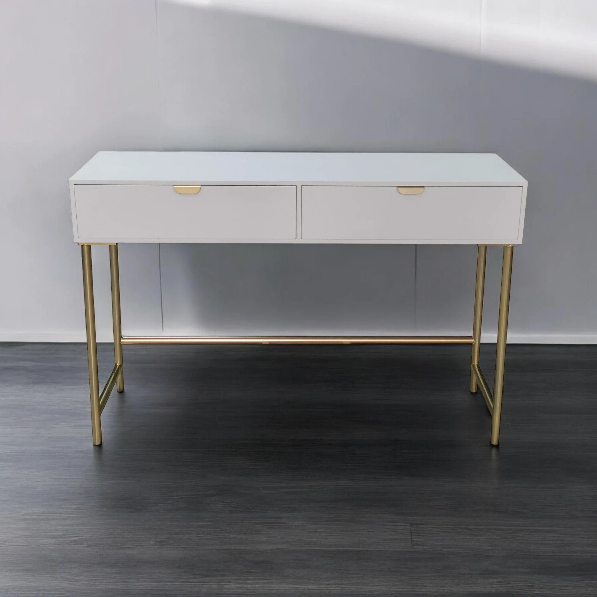 MSL Elegant White Wooden Side Table 120cm Two Drawer Scalloped Edge Gold Leg Bedroom Decor - Chest of Drawers