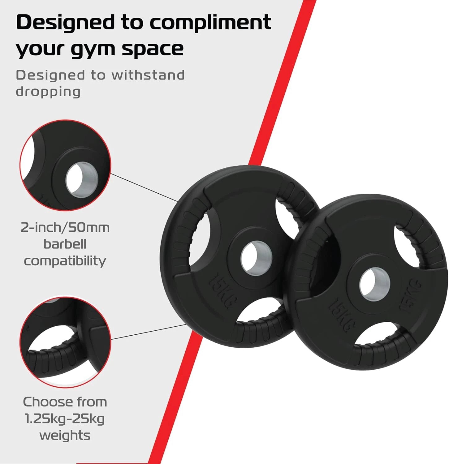 Monster Shop 2 x 15kg Olympic Tri-Grip Rubber Weight Black Plates -