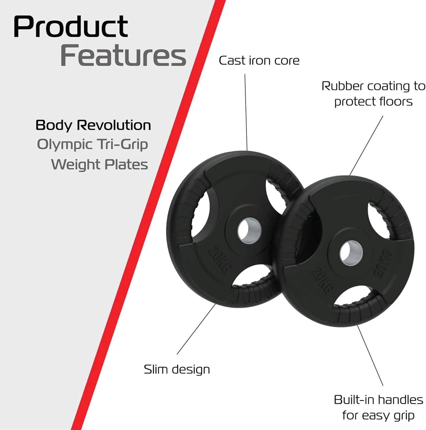 Monster Shop 2 x 20kg Olympic Tri-Grip Rubber Weight Black Plates -