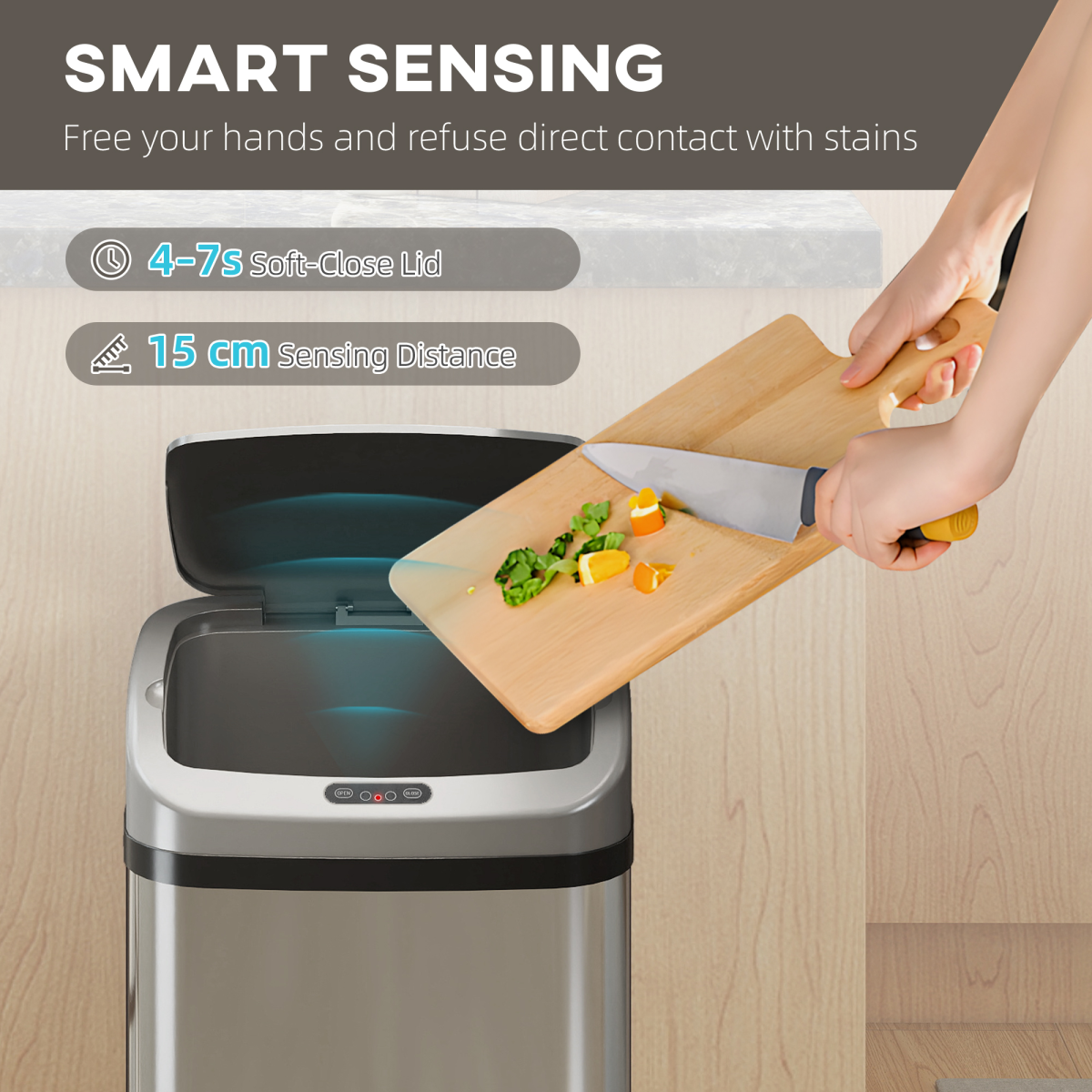 HOMCOM 48L Sensor Bin, Stainless Steel Kitchen Bin with Automatic Close - from HOMCOM