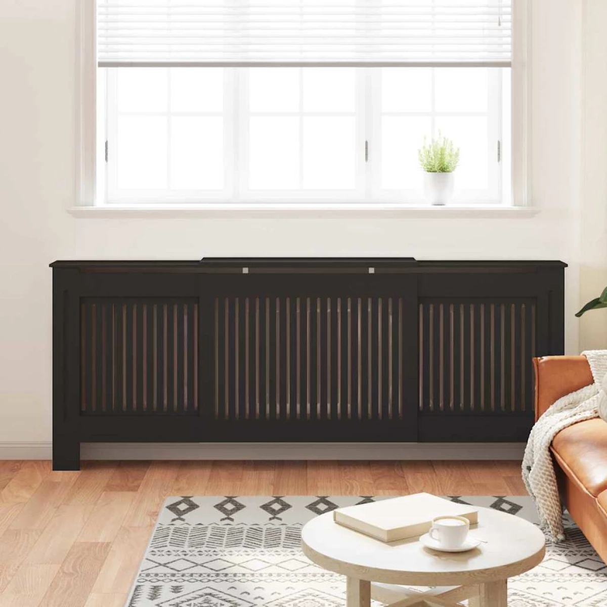 VidaXL Radiator Cover 142-205 cm Wide 20.5x81.5 cm Black Slatted Front 2-Piece for Living Rooms by vidaXL