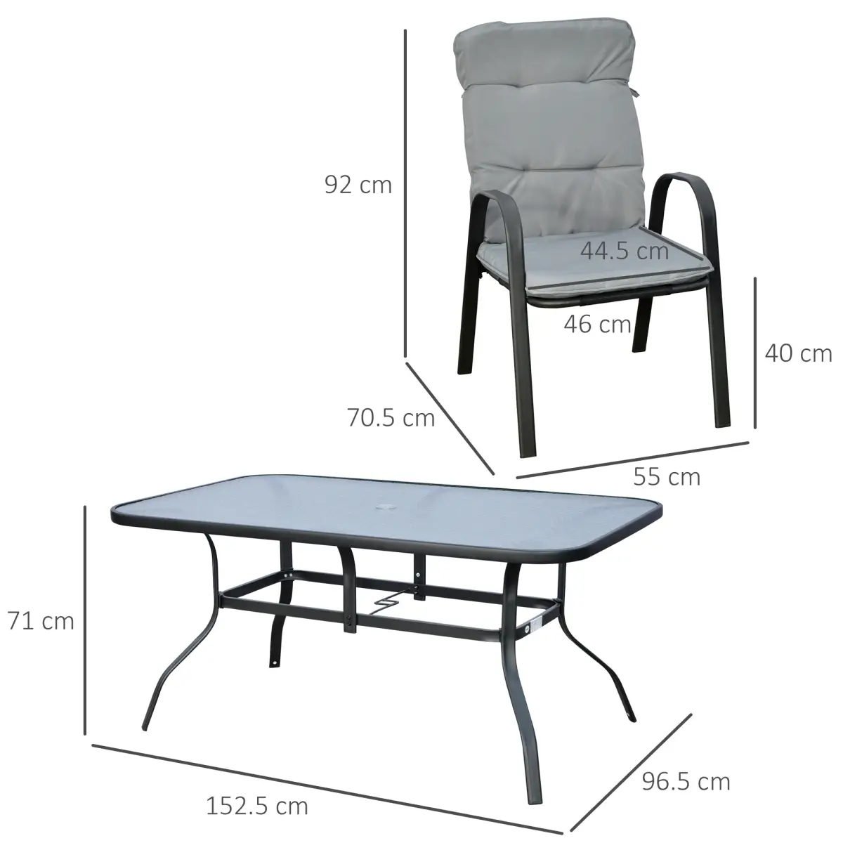 Outsunny Outsunny 7 PCs Garden Dining Set, Glass Table w/ Umbrella Hole & Cushion, Black - Garden Set