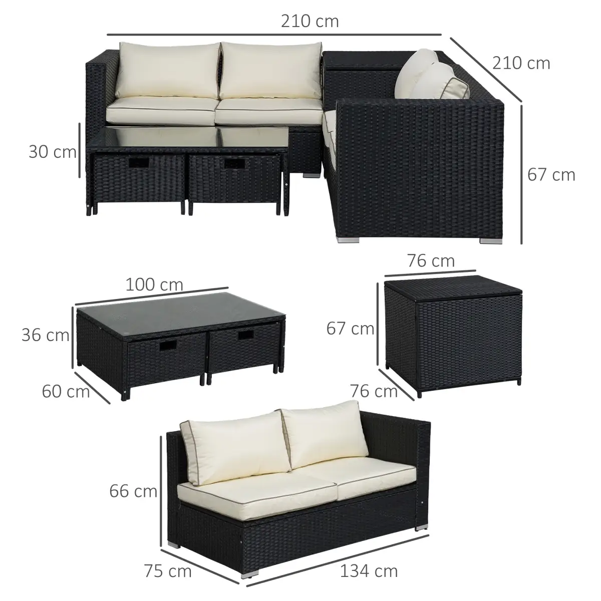 Outsunny 4-Seater Rattan Wicker Garden Patio Sofa Storage & Table Set Black - Garden Sofa Sets