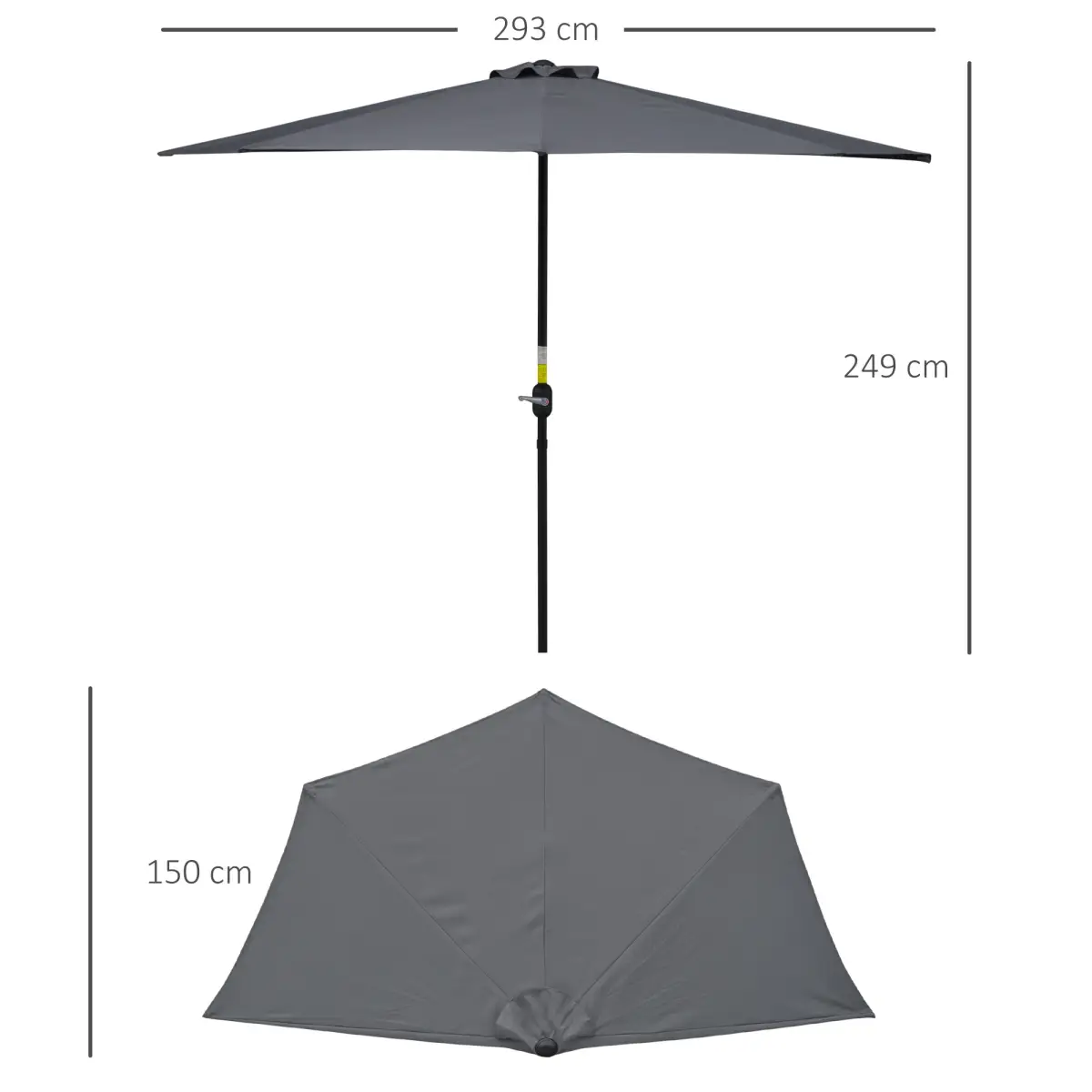 Outsunny 3 m Half Round Umbrella Parasol-Grey Polyester/Aluminum - Parasol