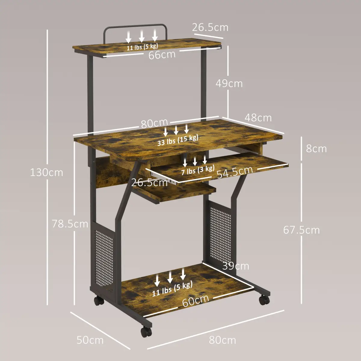 HOMCOM HOMCOM Rolling Computer Desk with Keyboard Tray Storage Shelves Rustic Brown - Desk
