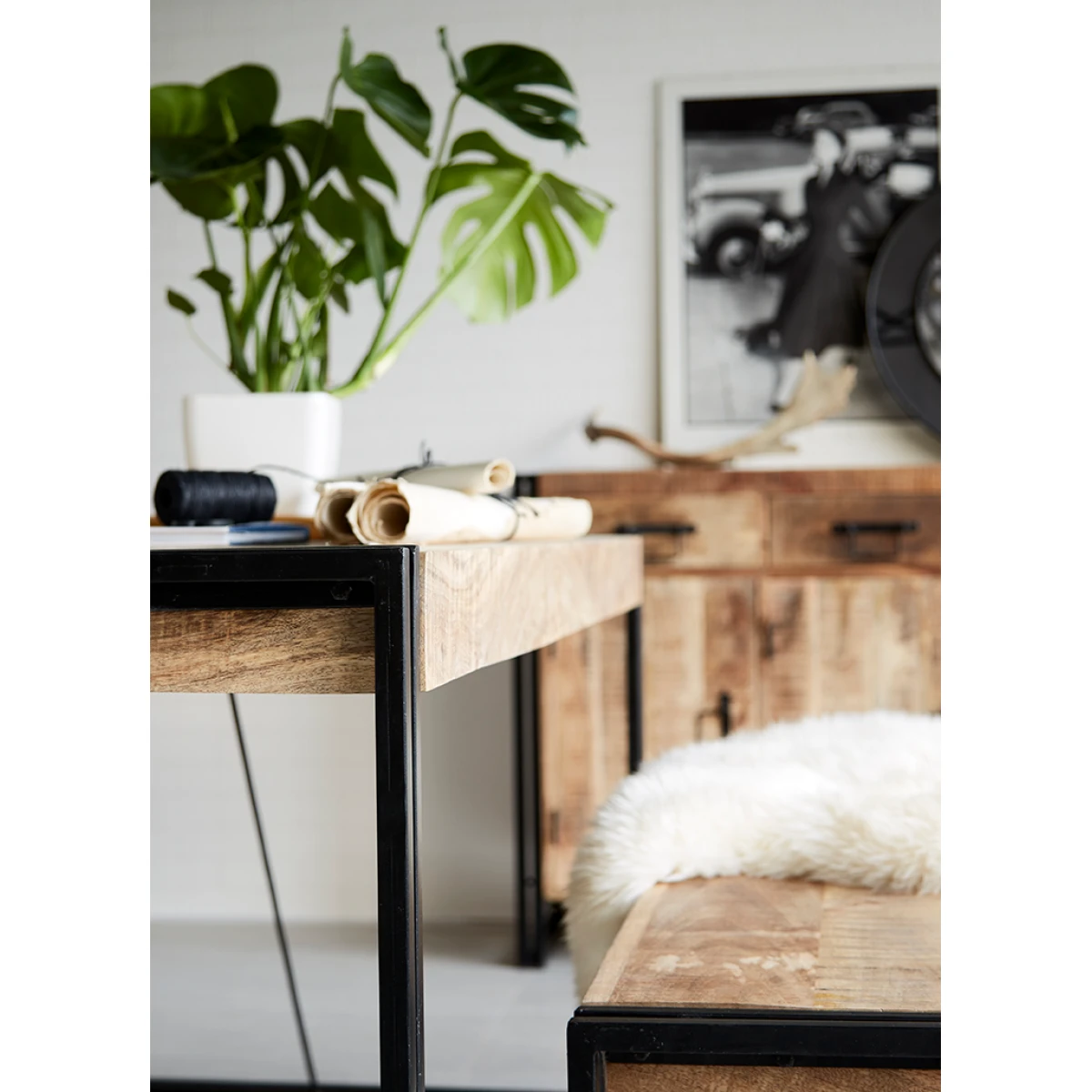 Cosmo Dining Table Medium Solid Mango Wood Metal For Home by Indian Hub