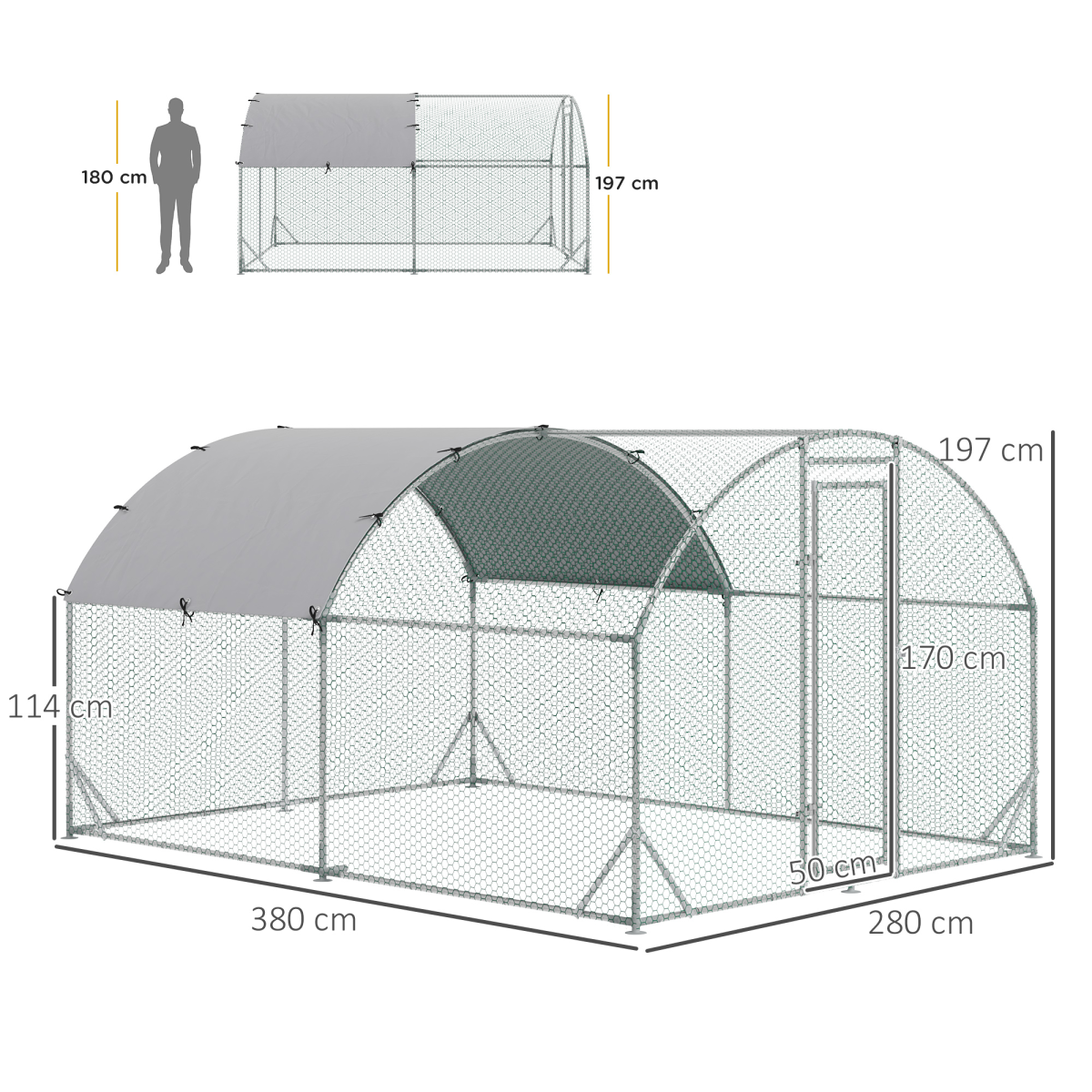 Walk-In Chicken Run Galvanised Chicken Coop w/ Cover 2.8 x 3.8 x 2m Pawhut - from Unbranded