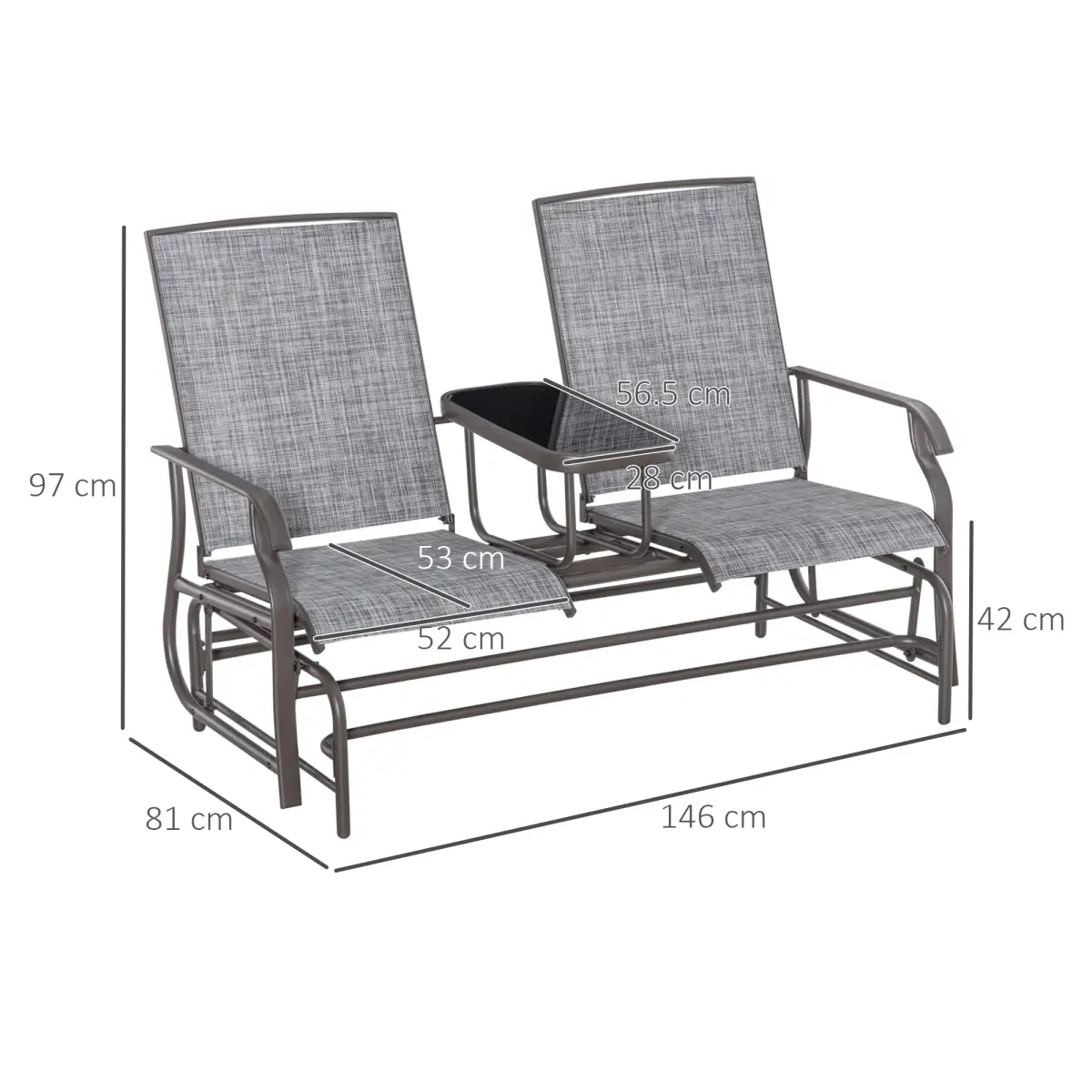 Outsunny 2 Seater Metal Double Swing Chair Glider Rocking Chair Seat With Table Grey - Garden Chairs