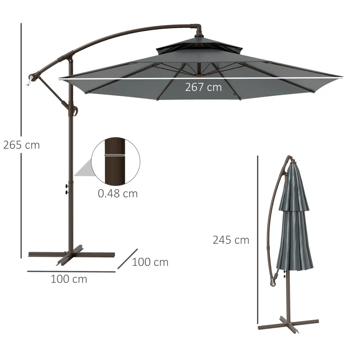 Outsunny 2.7m Garden Banana Parasol Cantilever Umbrella Handle, Dark Grey - Parasol