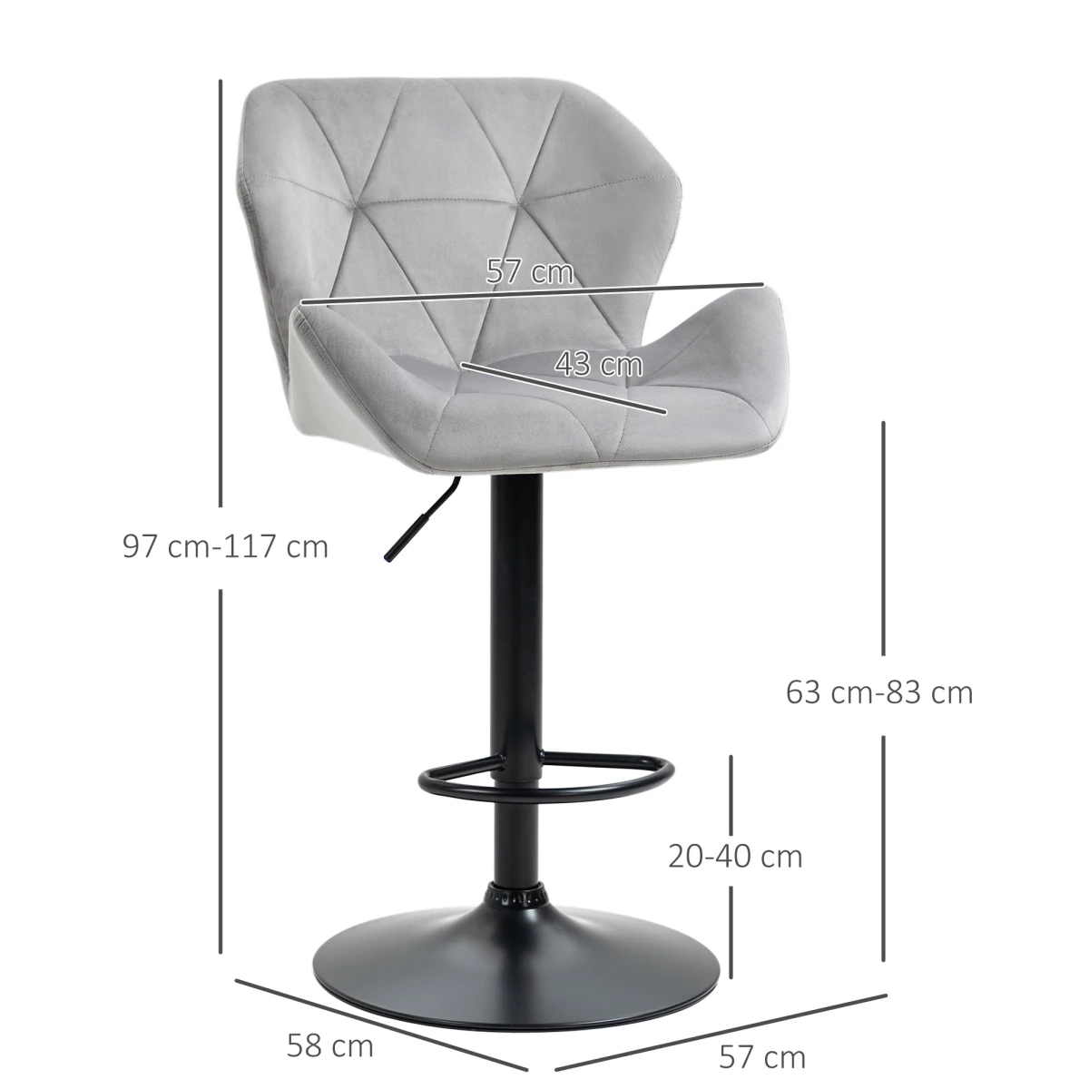 HOMCOM Set Of 2 Luxurious Velvet-Touch Bar Stools w/ Metal Frame Footrest Base Grey -