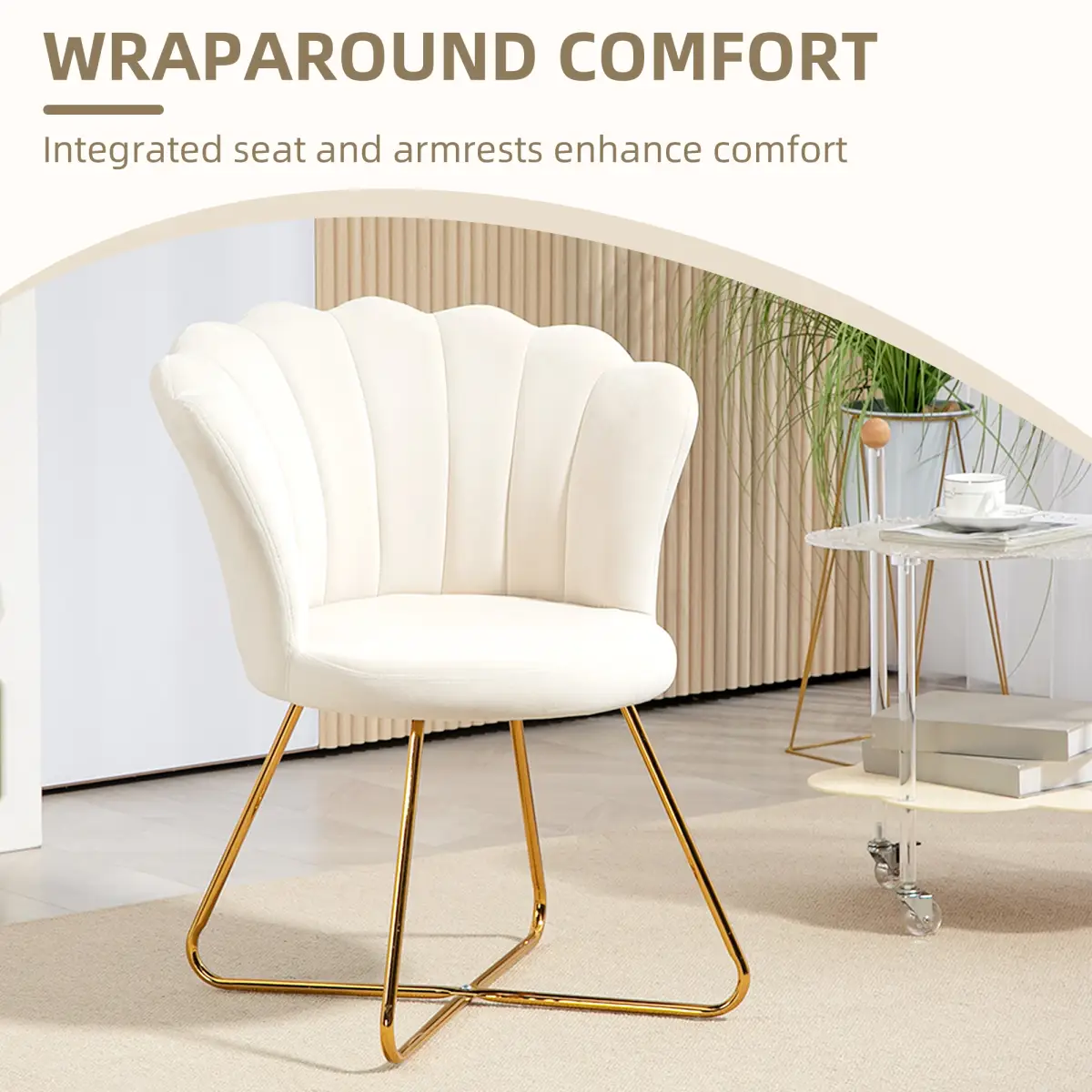 HOMCOM HOMCOM Accent Chair, Velvet Armchair with Lotus Backrest, Steel Legs, Cream - Accent Chair