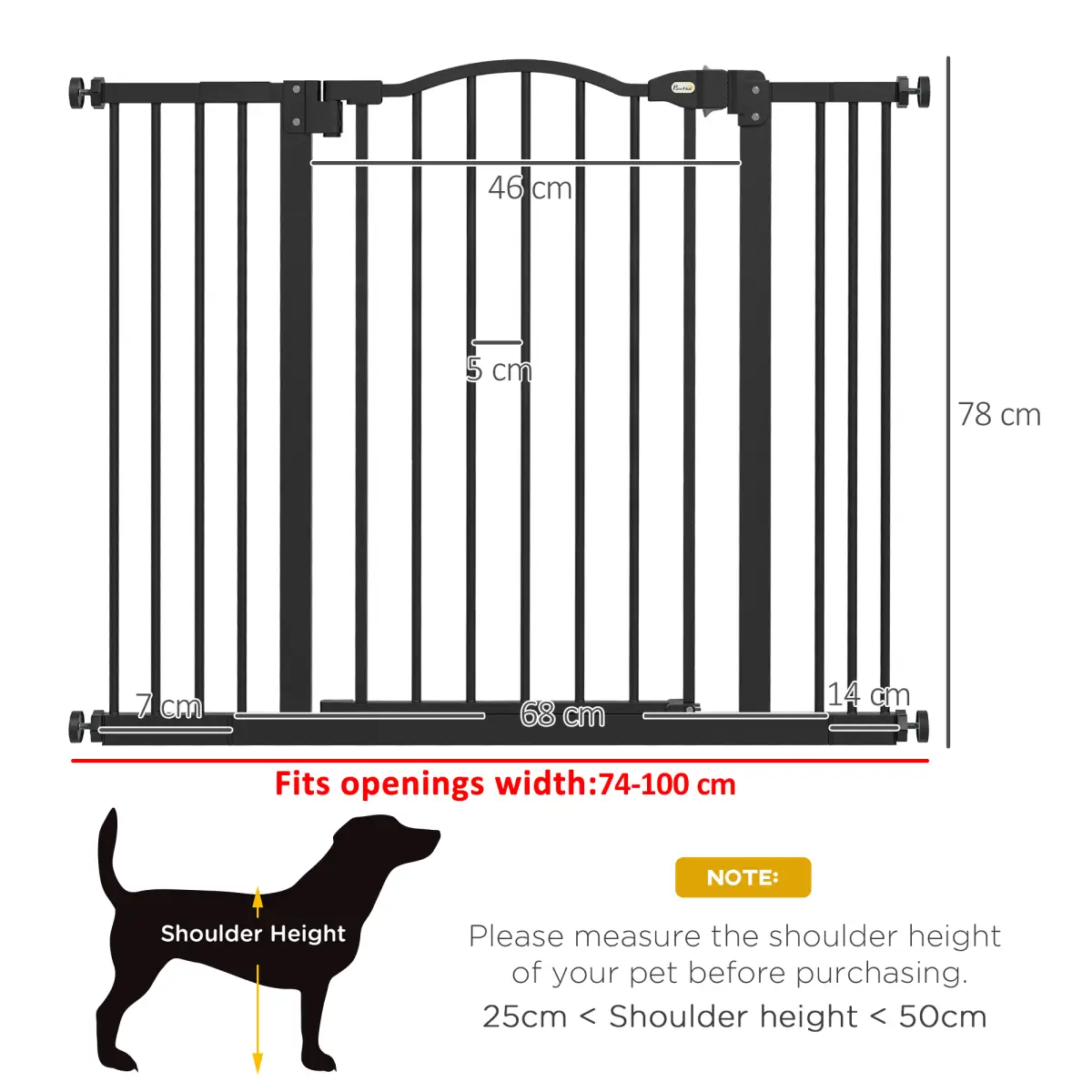 PawHut PawHut 74-100cm Adjustable Metal Pet Gate Safety Barrier w/ Auto-Close Black - Pet Gate