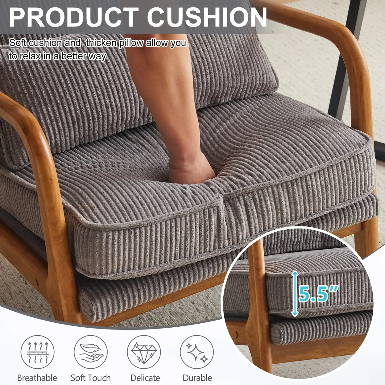 N/A Low Arm Accent Chair - Light Gray Corduroy Upholstered Indoor Lounge Chair, Compact Single Seater with Sturdy Frame (330LBS Weight Capacity) - Accent Chair