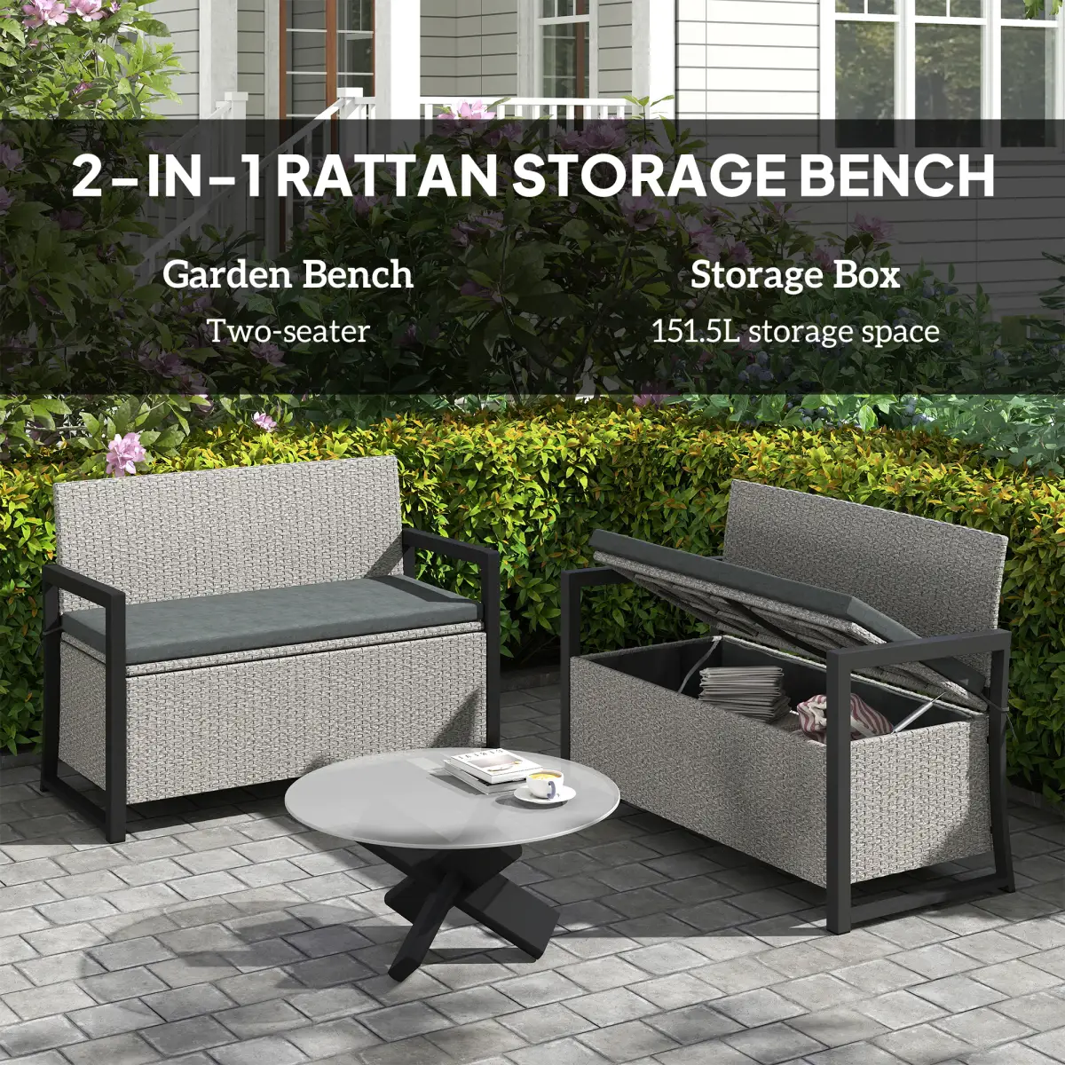 Outsunny Outsunny Rattan Garden Bench with Storage, Inner Bag, 151.5L Outdoor Bench - Garden Chairs