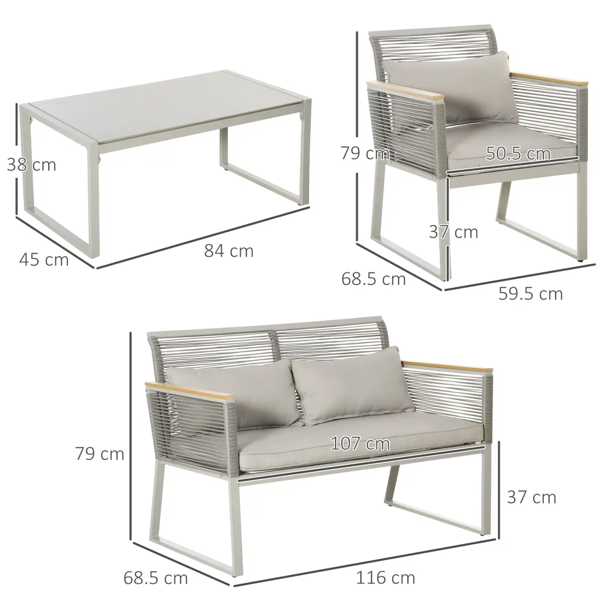 Outsunny 4-Seater Patio Wicker Sofa, Metal Frame PE Rattan Tempered Glass Table Grey - Garden Set