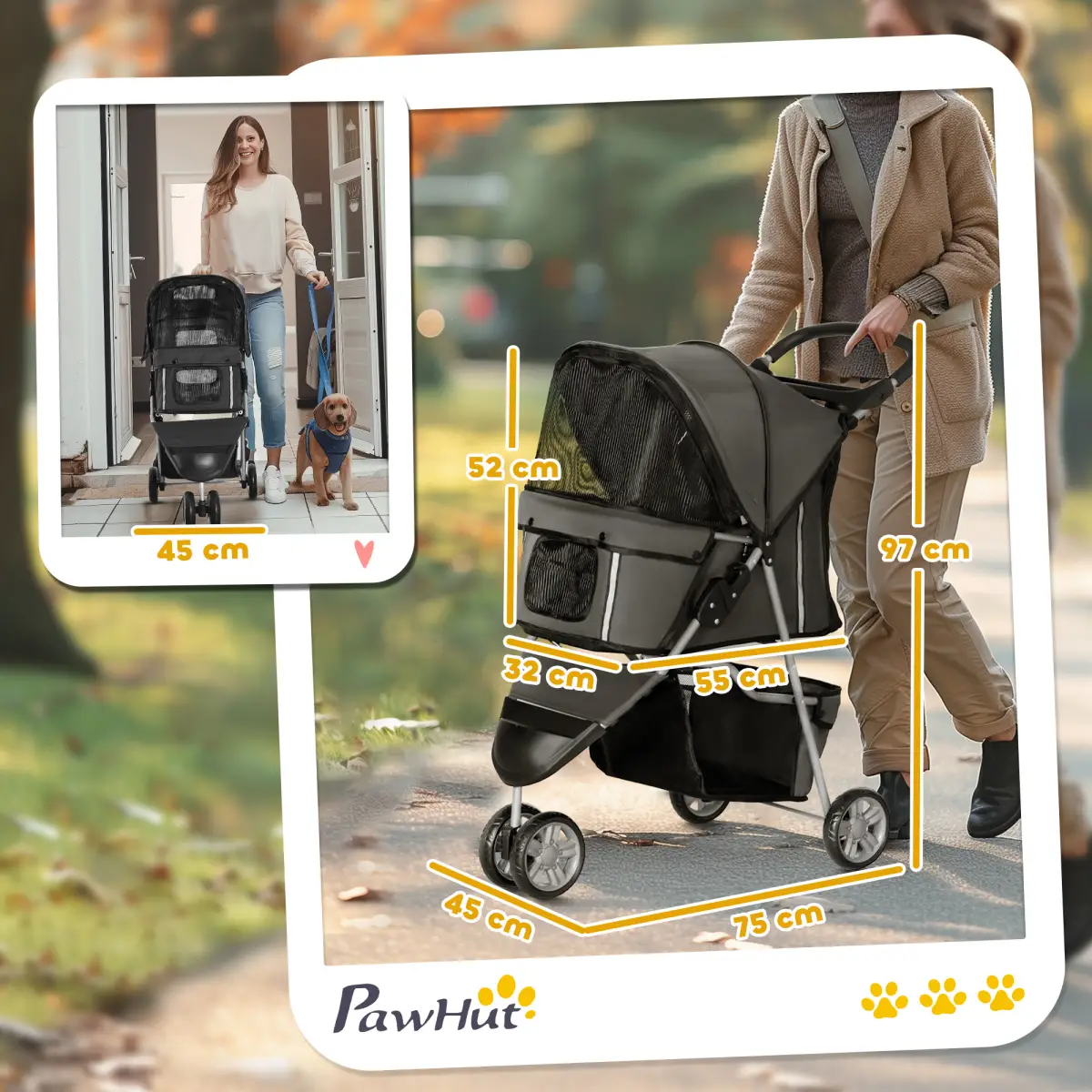 PawHut PawHut Pet Stroller Pushchair Carrier for Cat Puppy with 3 Wheels Dark Grey - Pet Carrier