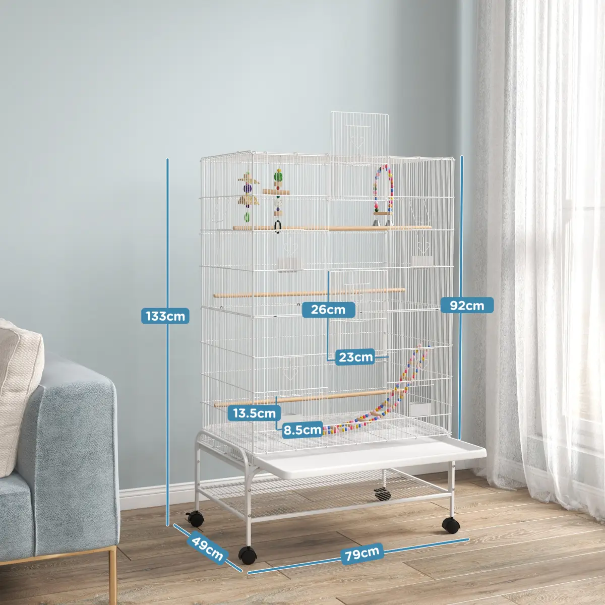 PawHut PawHut Bird Cage with Stand, Wheels, Toys, for Budgies, Finches, White - Bird Cage