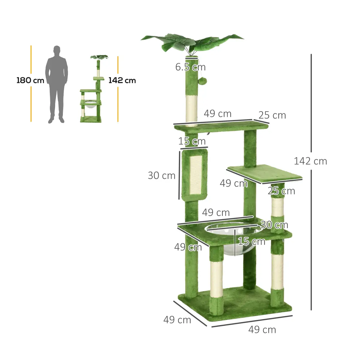 PawHut PawHut 142cm Cat Tree Tower with Scratching Post Hammock Ball Platforms Green - Cat Tree