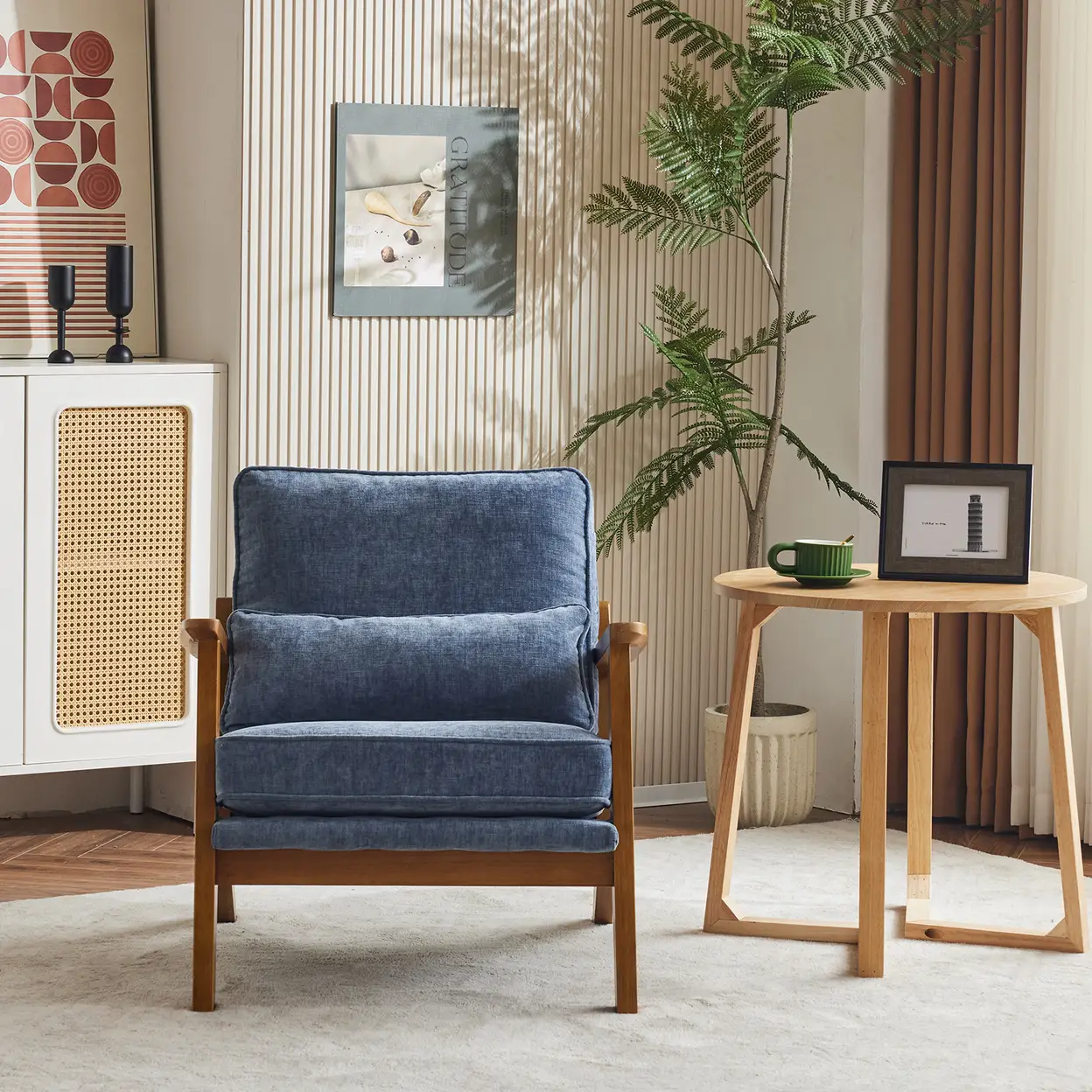 N/A Mid-Century Oak Accent Chair - Deep Navy Blue Chenille Upholstered Single Lounge Chair, Sturdy Wood Frame Indoor Armchair (330LBS Weight Capacity) - Accent Chair